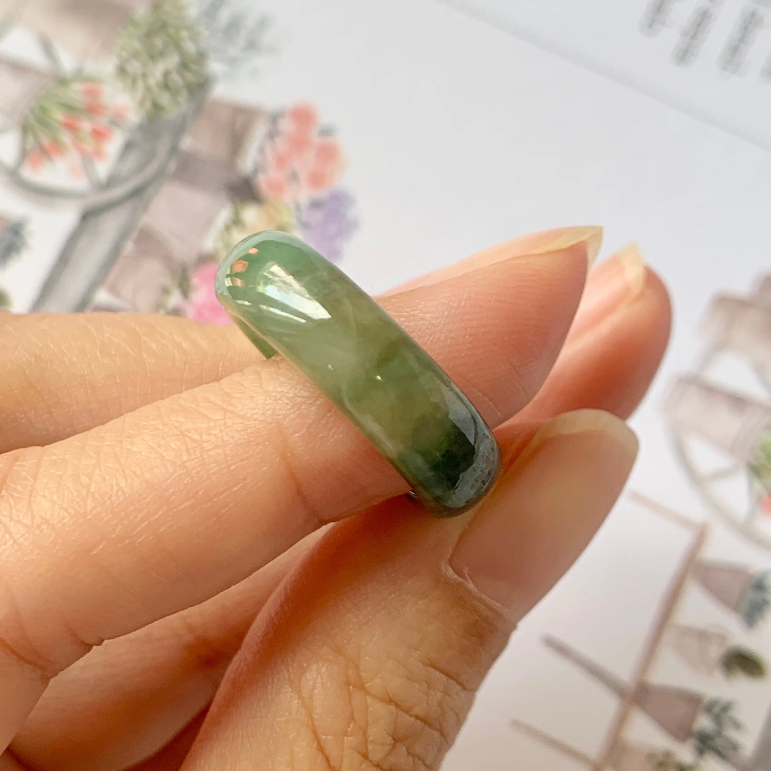 17.1mm A-Grade Natural Imperial Floral Jadeite Abacus Ring Band No.161393