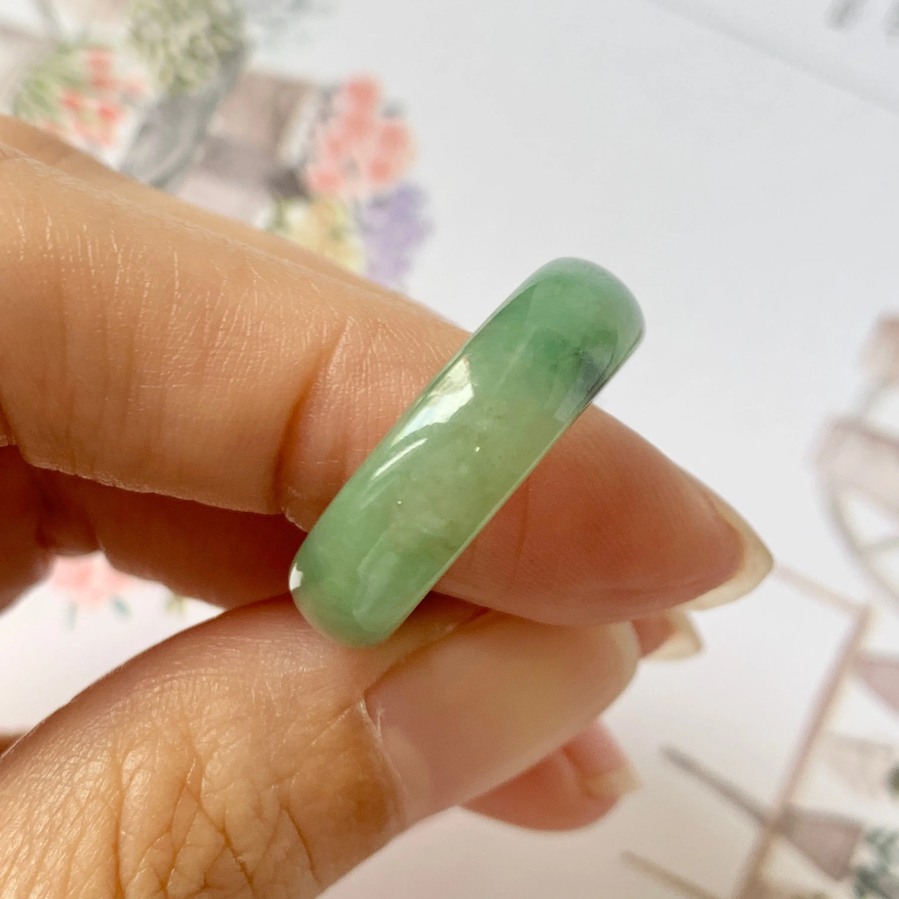 17.1mm A-Grade Natural Imperial Floral Jadeite Abacus Ring Band No.161393