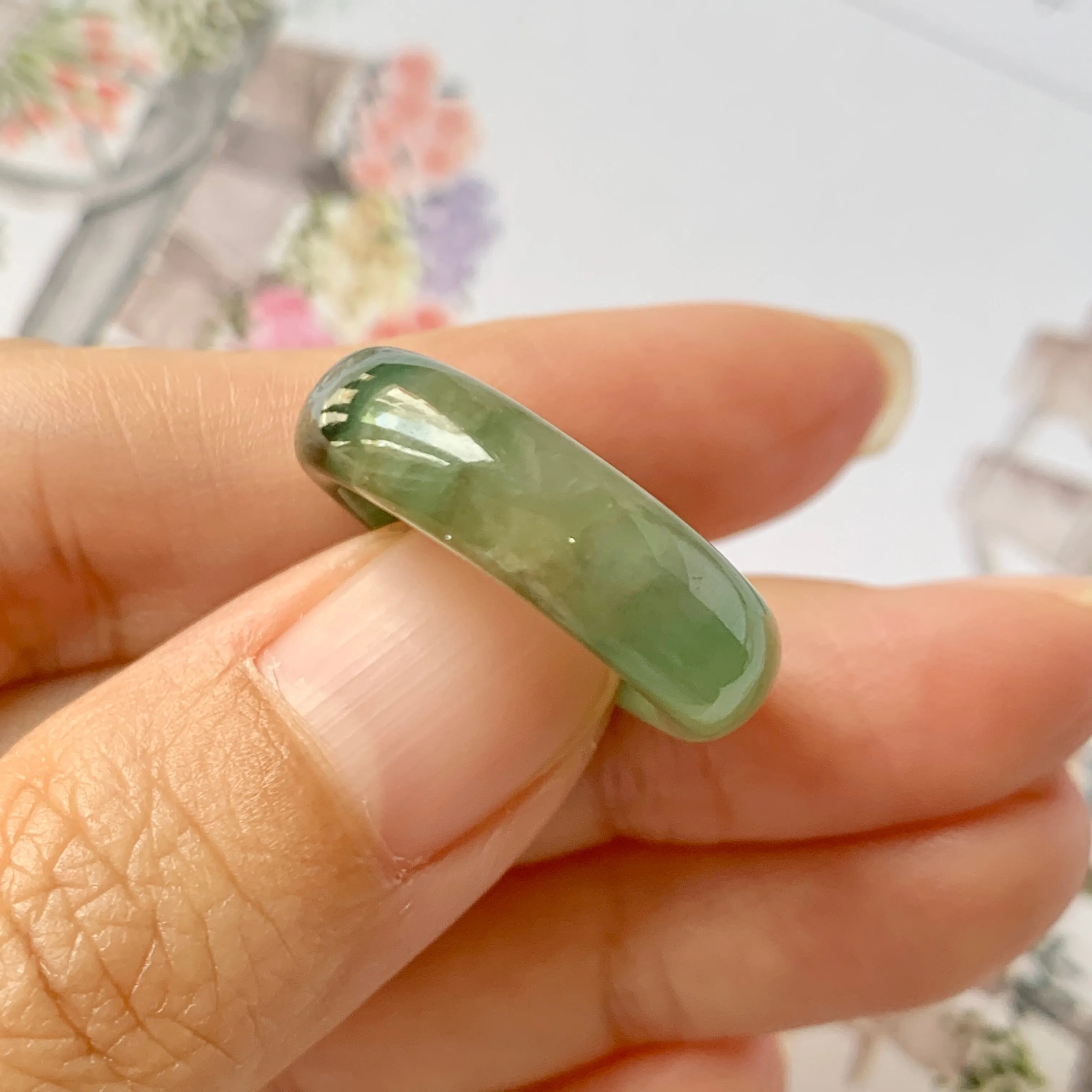 17.1mm A-Grade Natural Imperial Floral Jadeite Abacus Ring Band No.161393