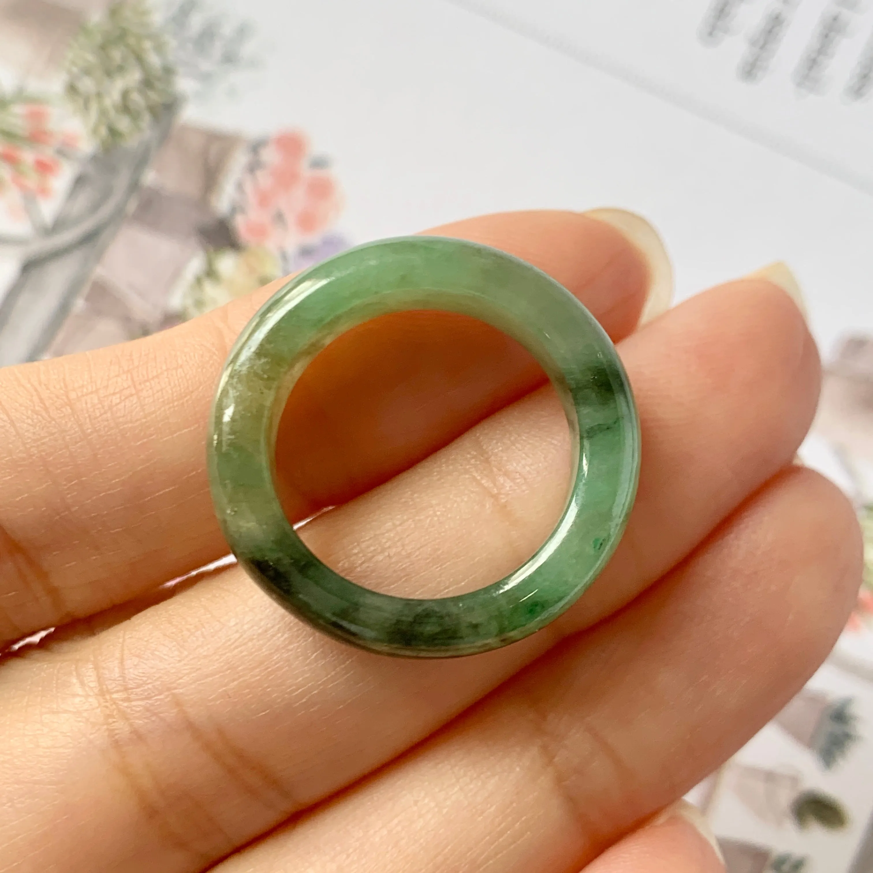 17.1mm A-Grade Natural Imperial Floral Jadeite Abacus Ring Band No.161393