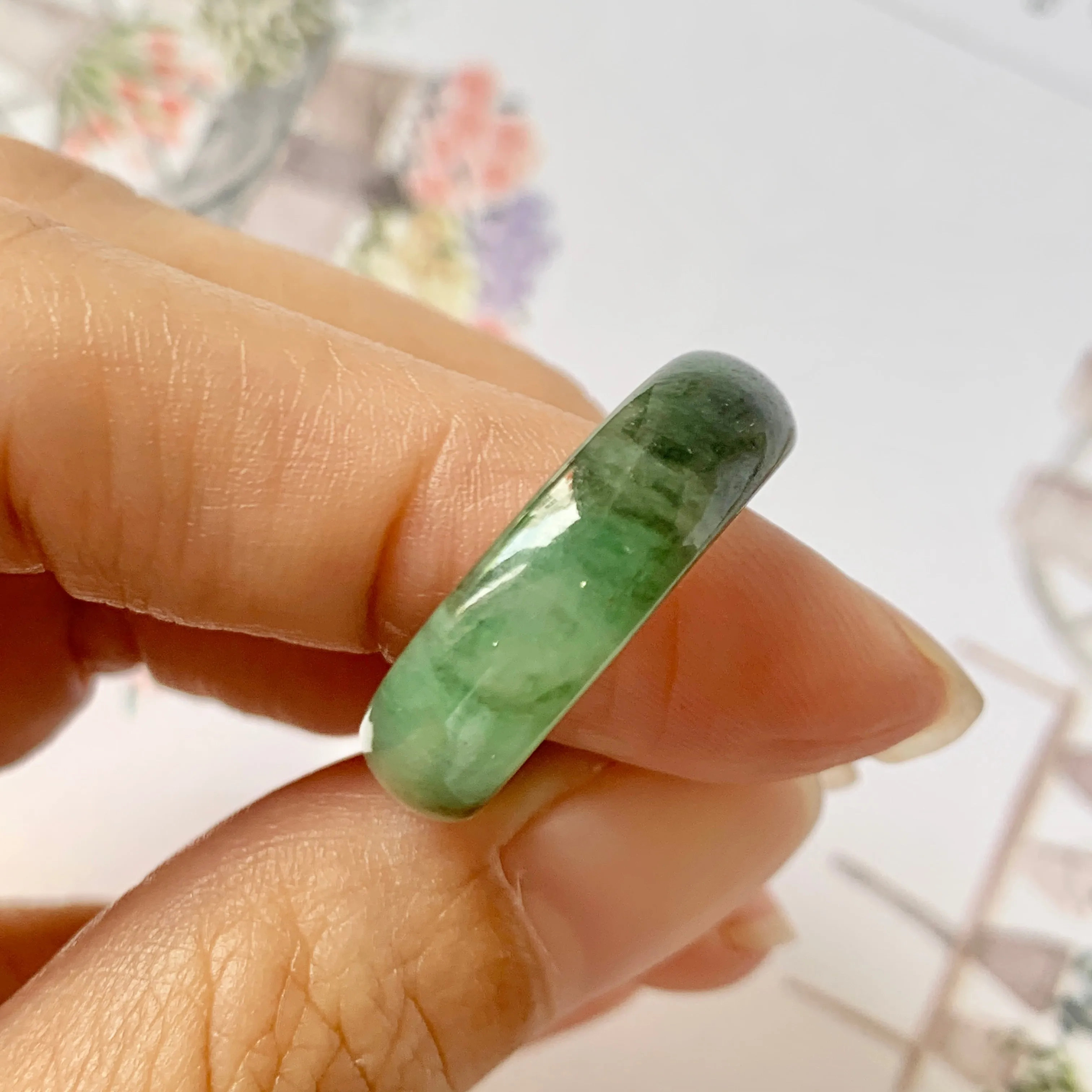 17.1mm A-Grade Natural Imperial Floral Jadeite Abacus Ring Band No.161393