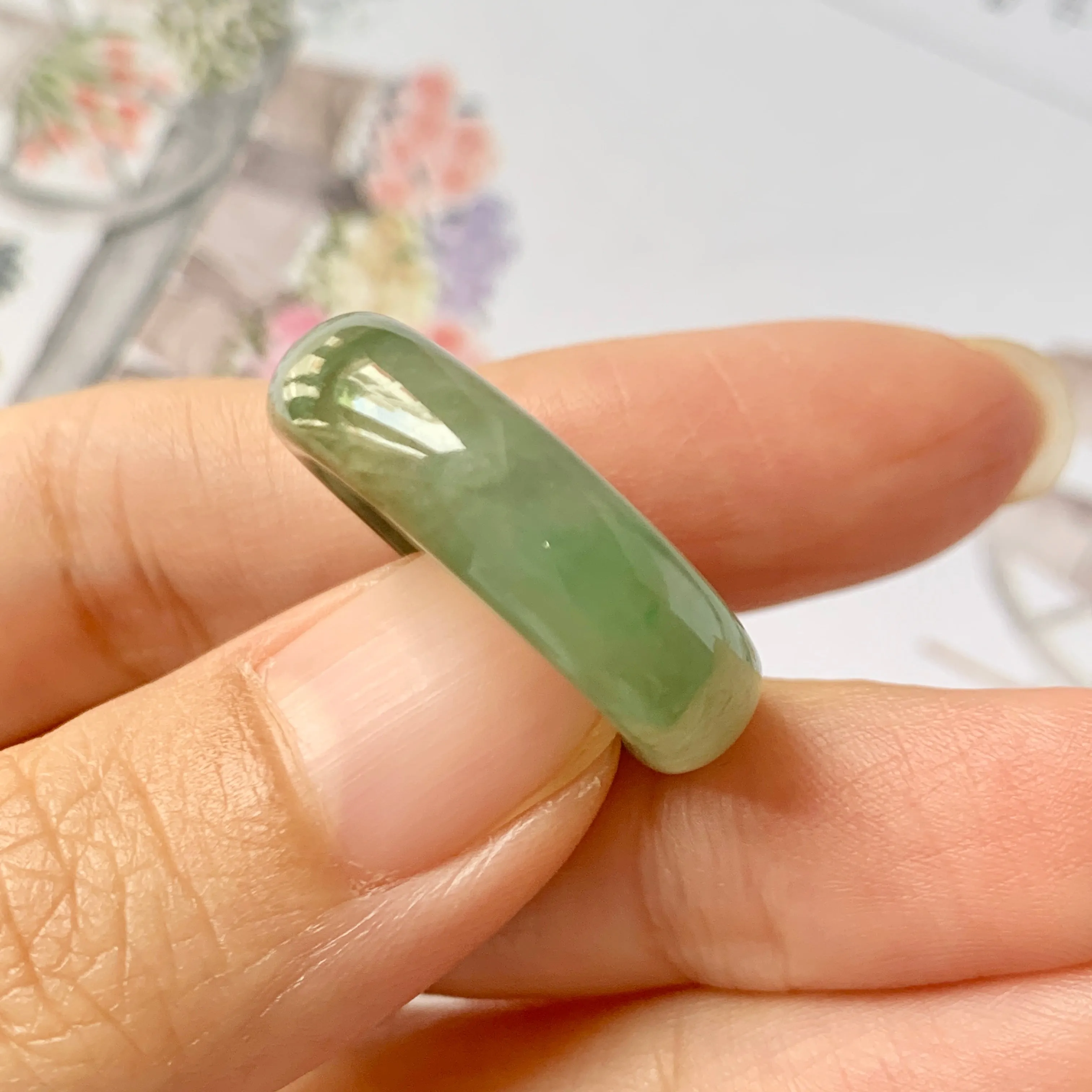 17.1mm A-Grade Natural Imperial Floral Jadeite Abacus Ring Band No.161393