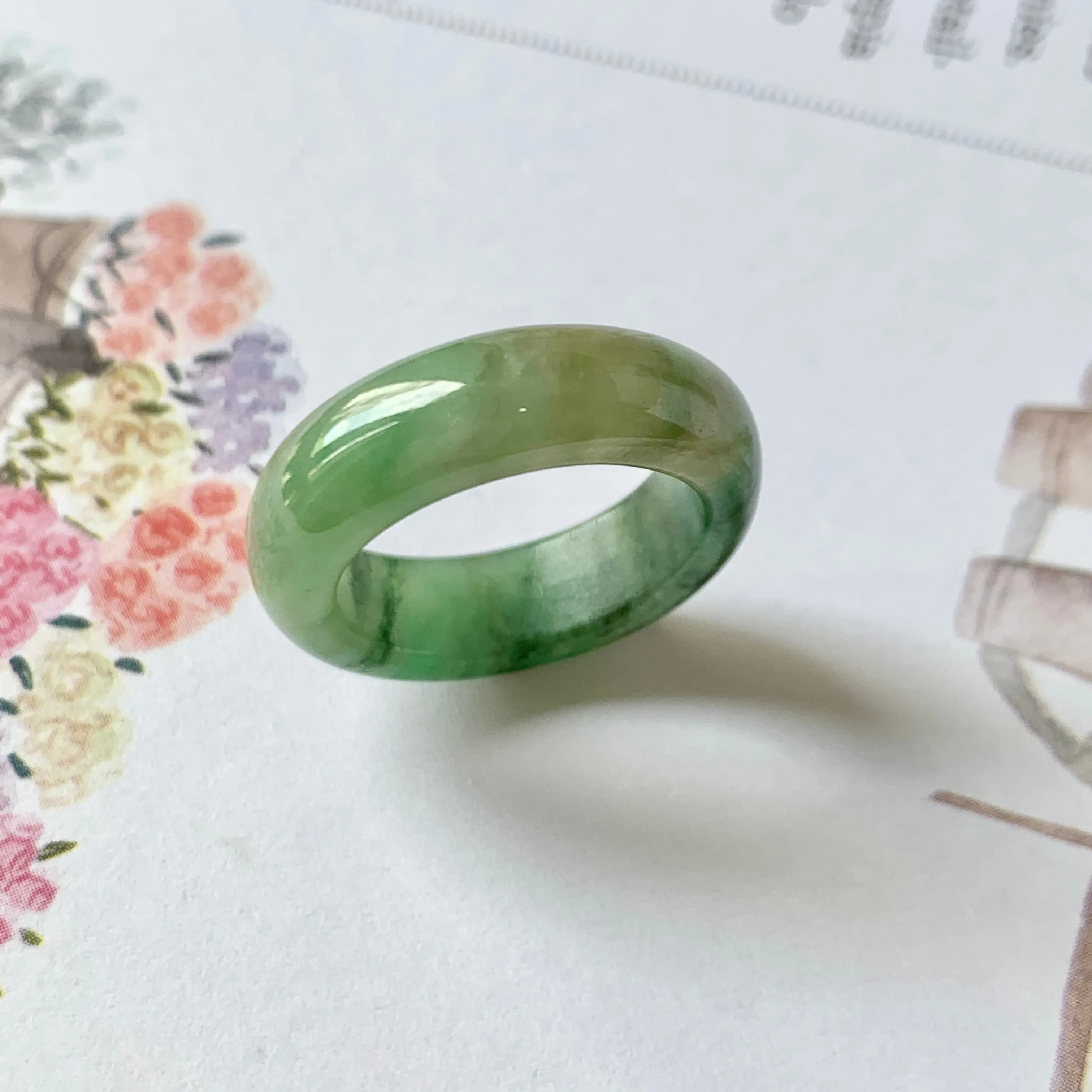 17.1mm A-Grade Natural Imperial Floral Jadeite Abacus Ring Band No.161393