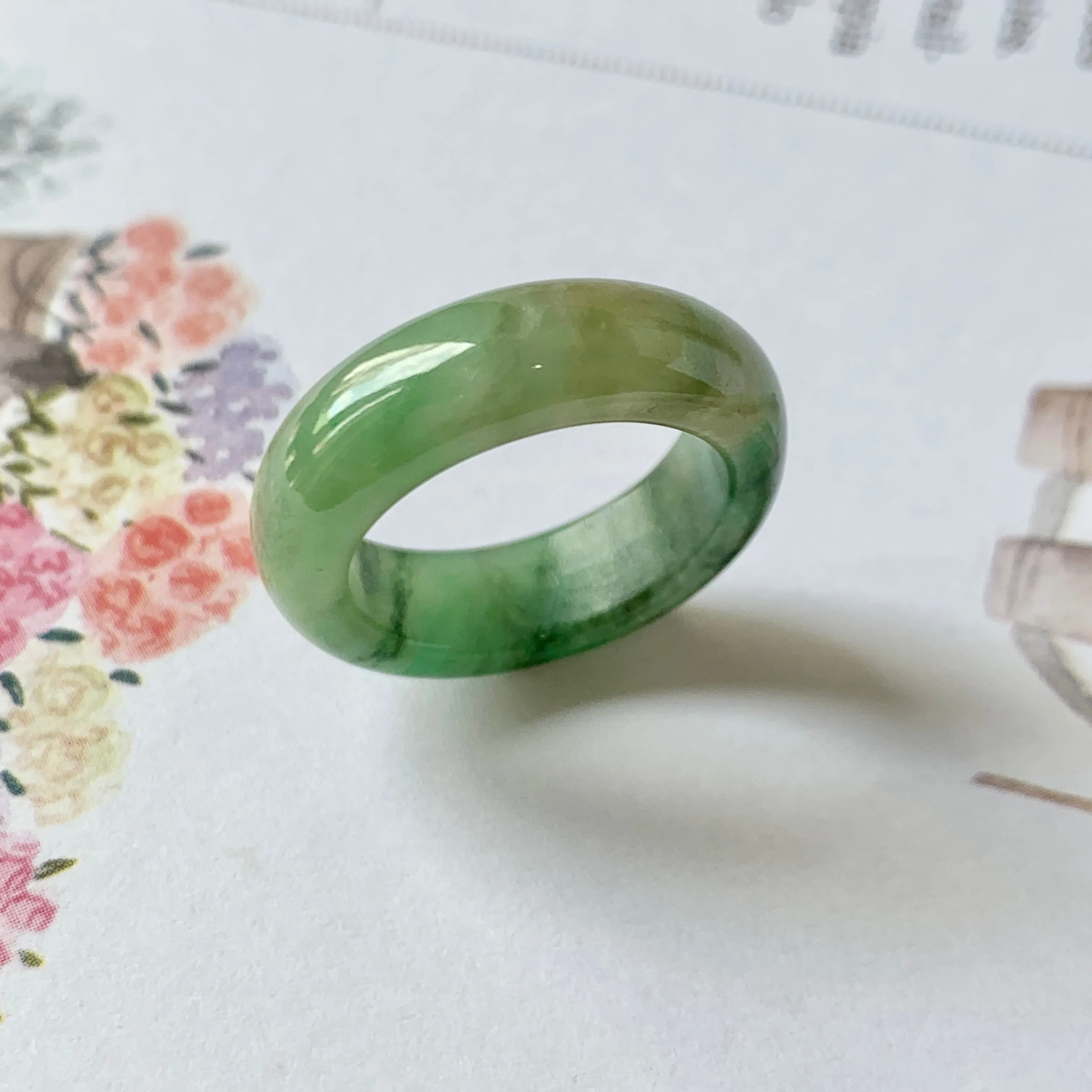 17.1mm A-Grade Natural Imperial Floral Jadeite Abacus Ring Band No.161393