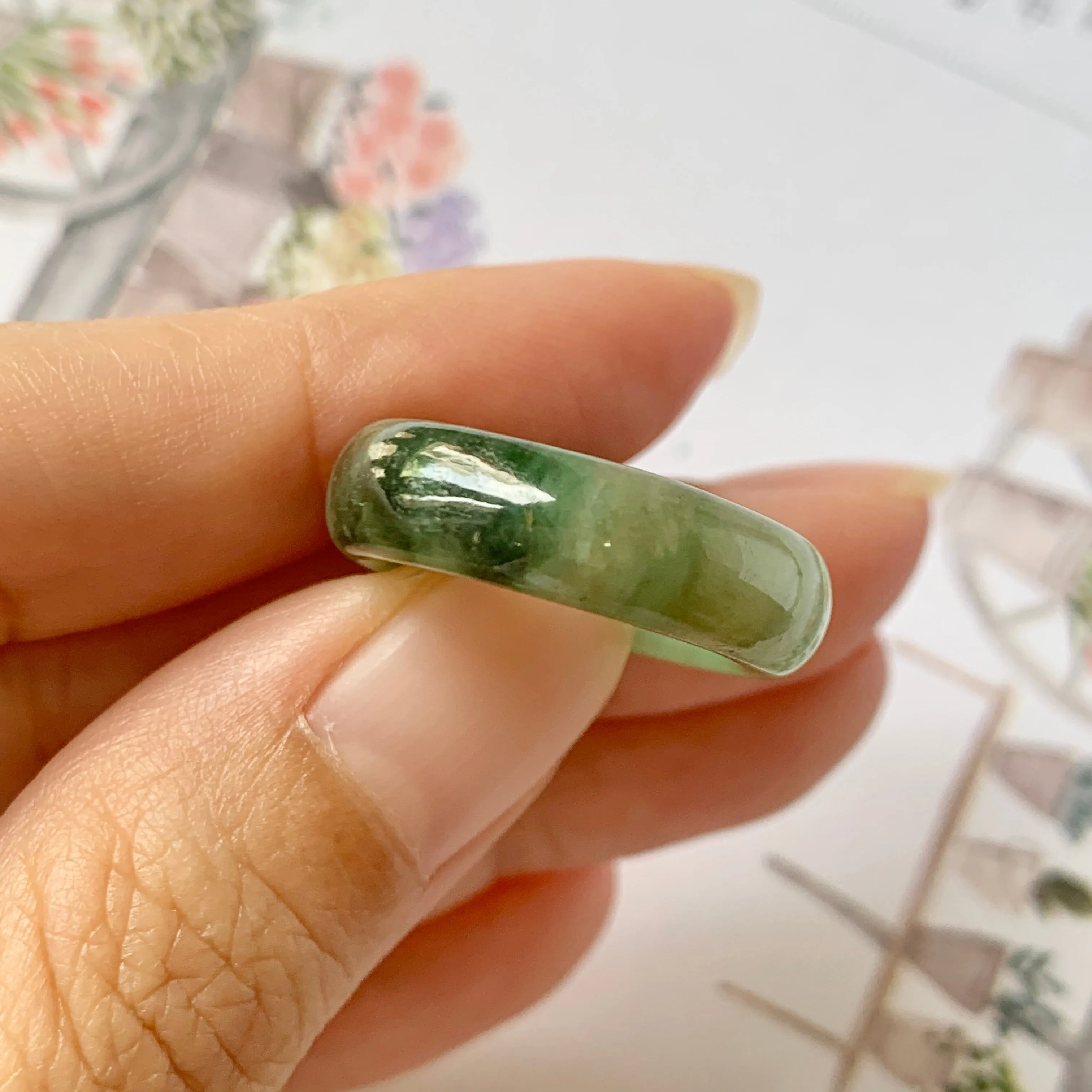 17.1mm A-Grade Natural Imperial Floral Jadeite Abacus Ring Band No.161393