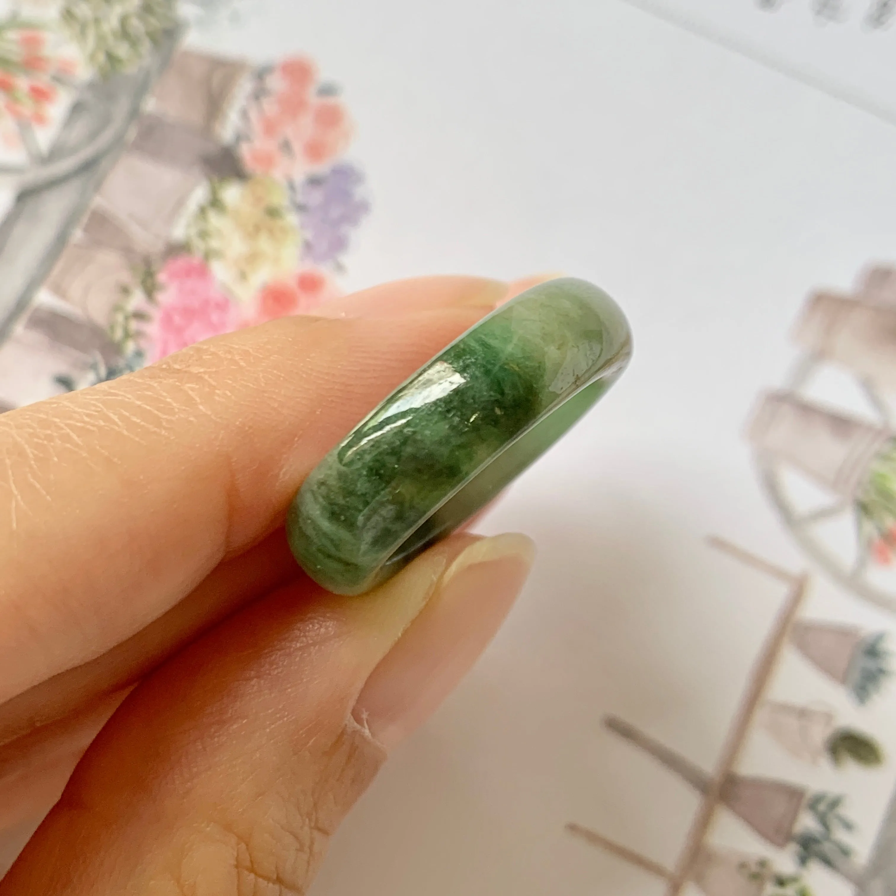 17.1mm A-Grade Natural Imperial Floral Jadeite Abacus Ring Band No.161393