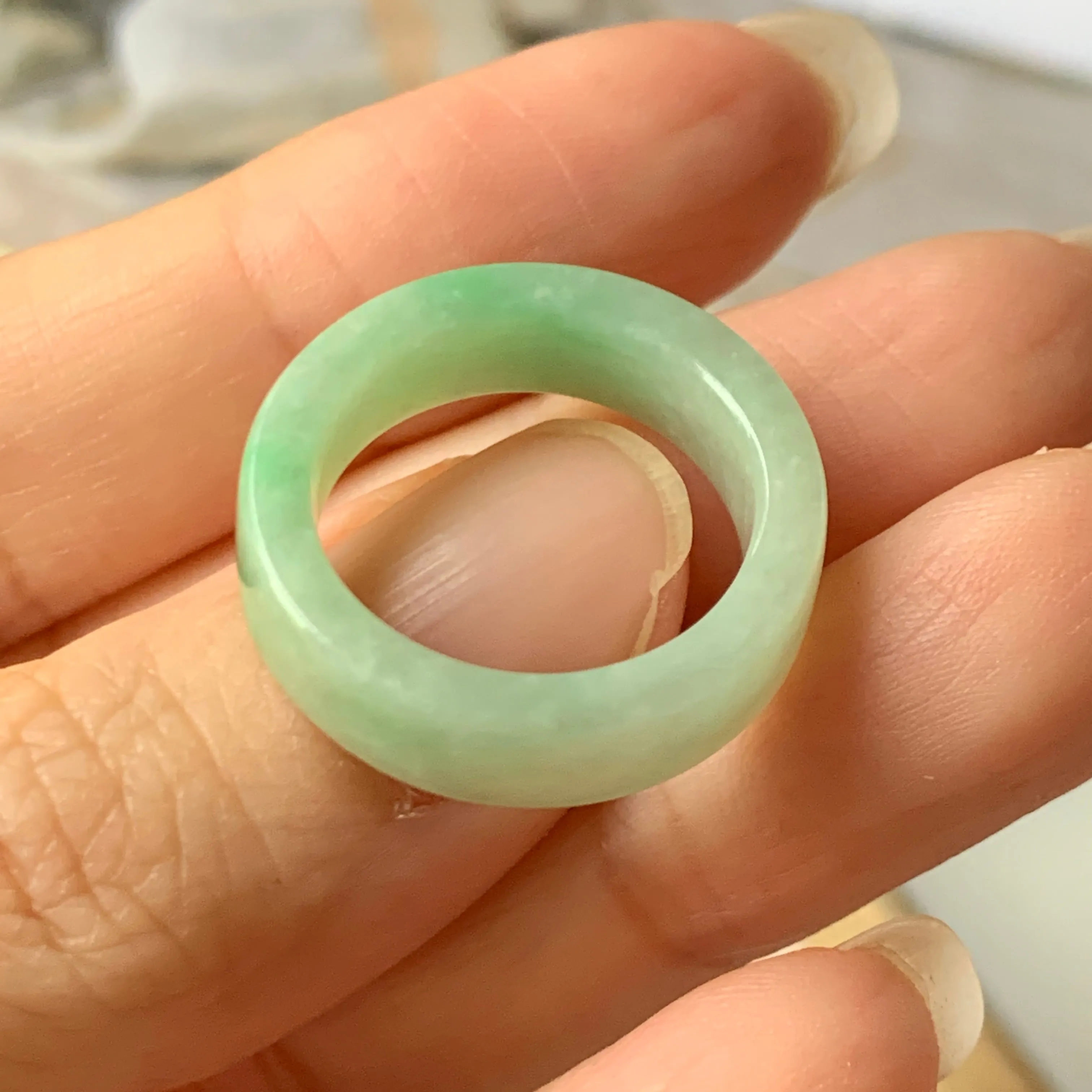 17.1mm A-Grade Natural Moss On Snow Jadeite Ring Band No.162121