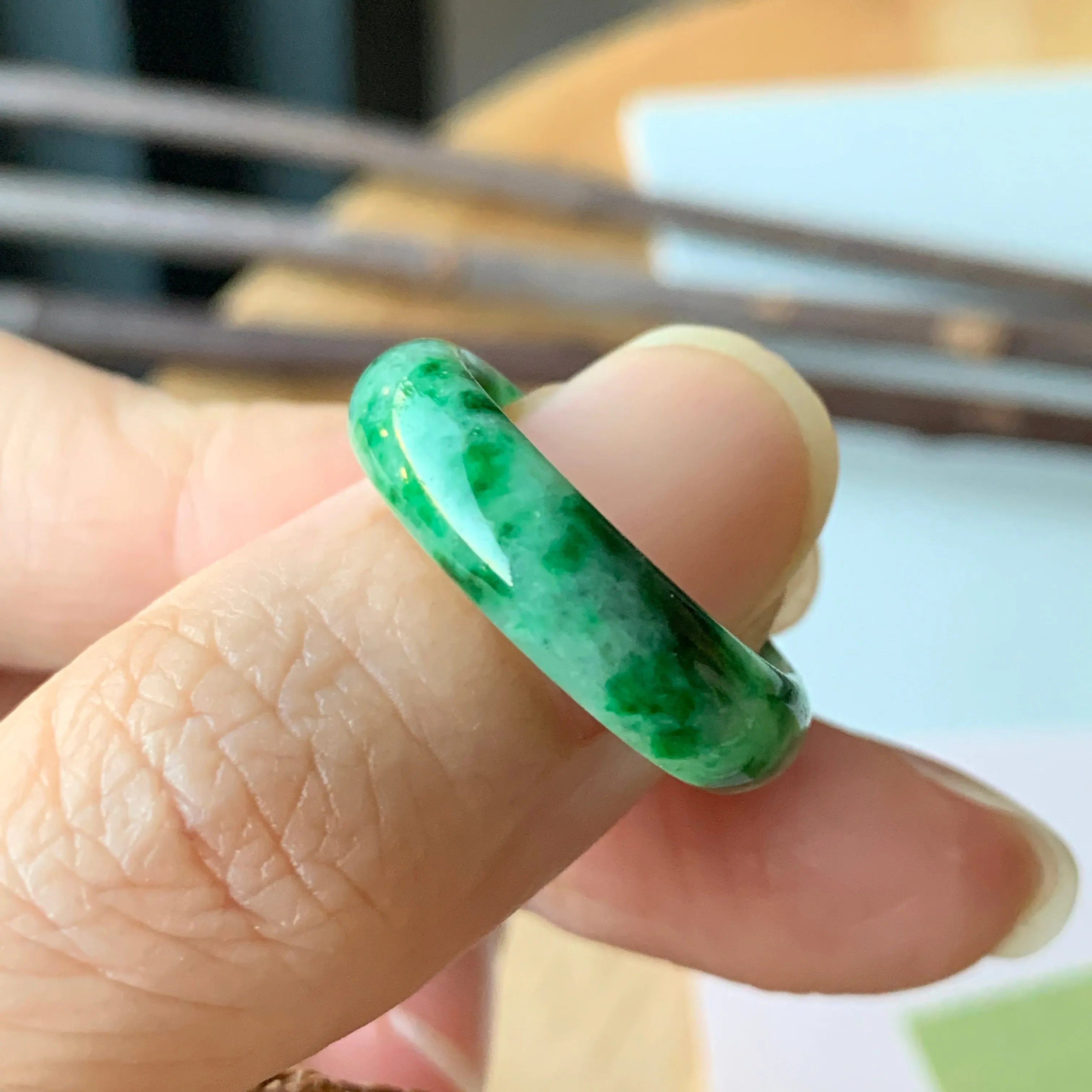 17.2mm A-Grade Natural Jadeite Green Abacus Ring Band No.162050