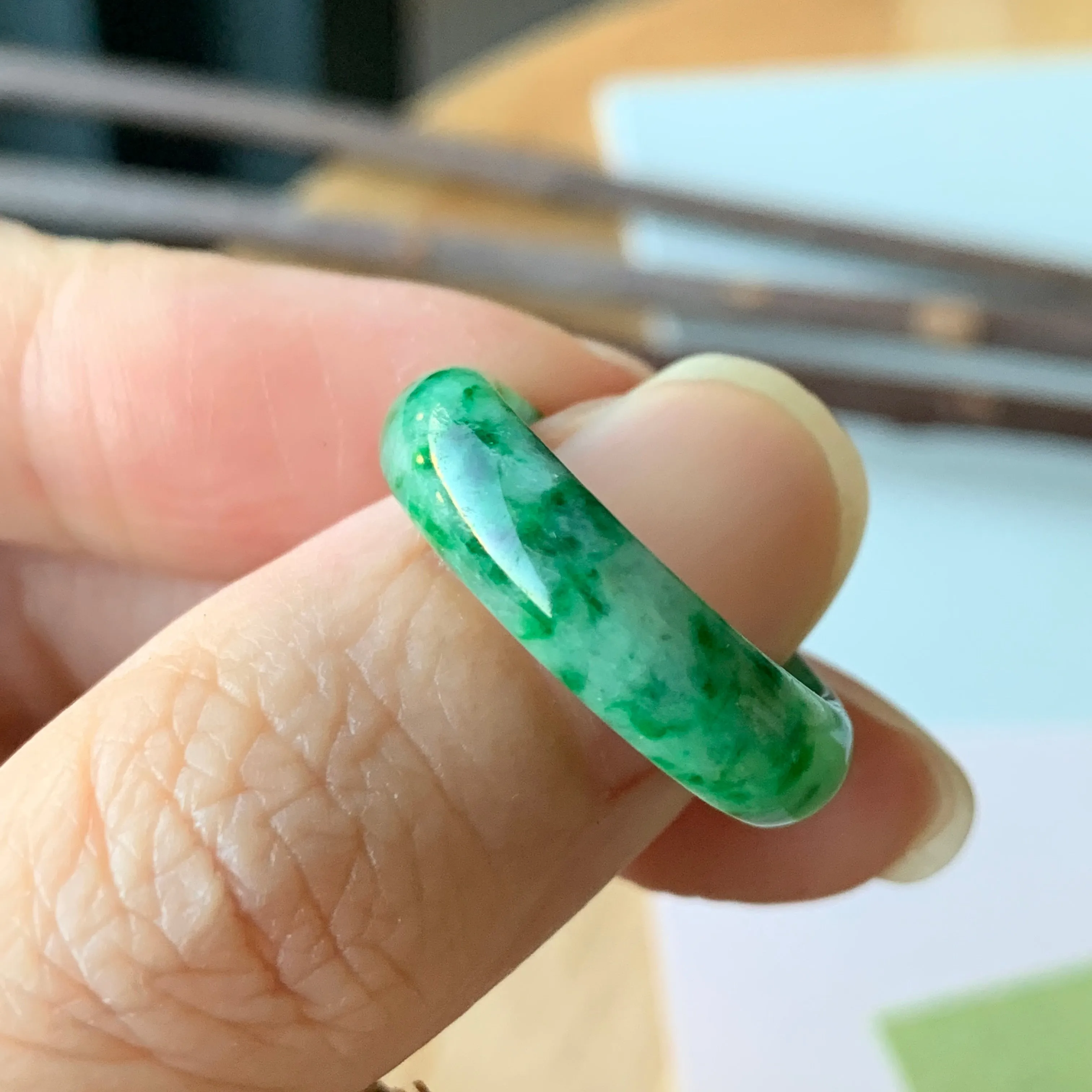 17.2mm A-Grade Natural Jadeite Green Abacus Ring Band No.162050