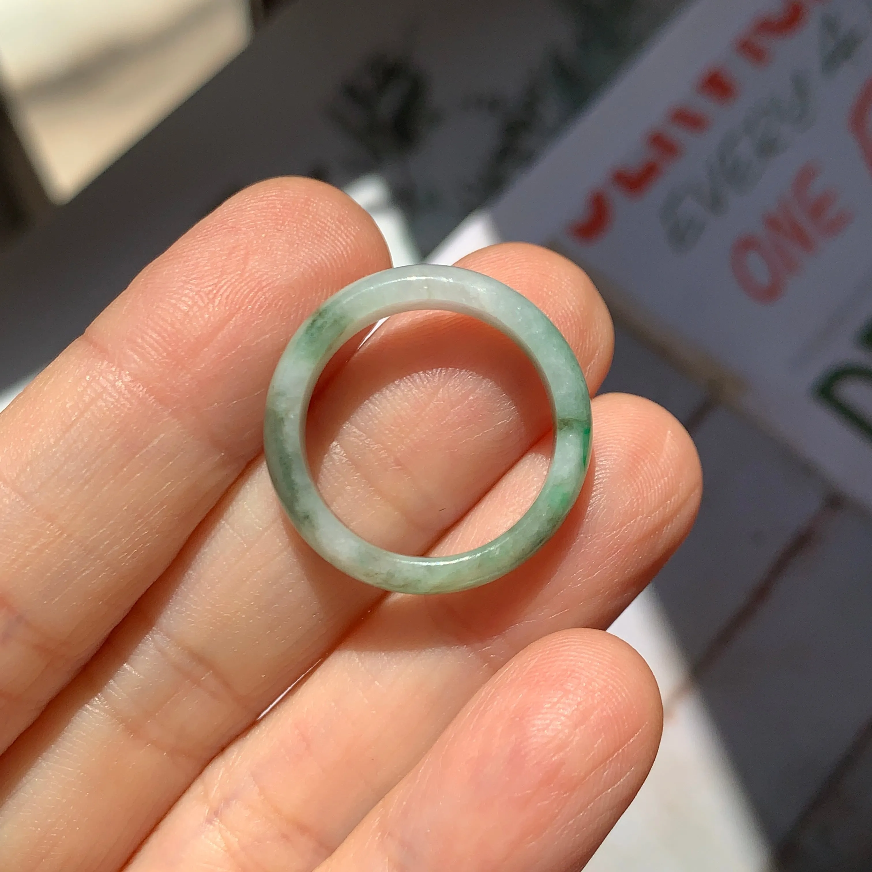 17.2mm A-Grade Natural White Green Jadeite Abacus Ring Band No. 161471