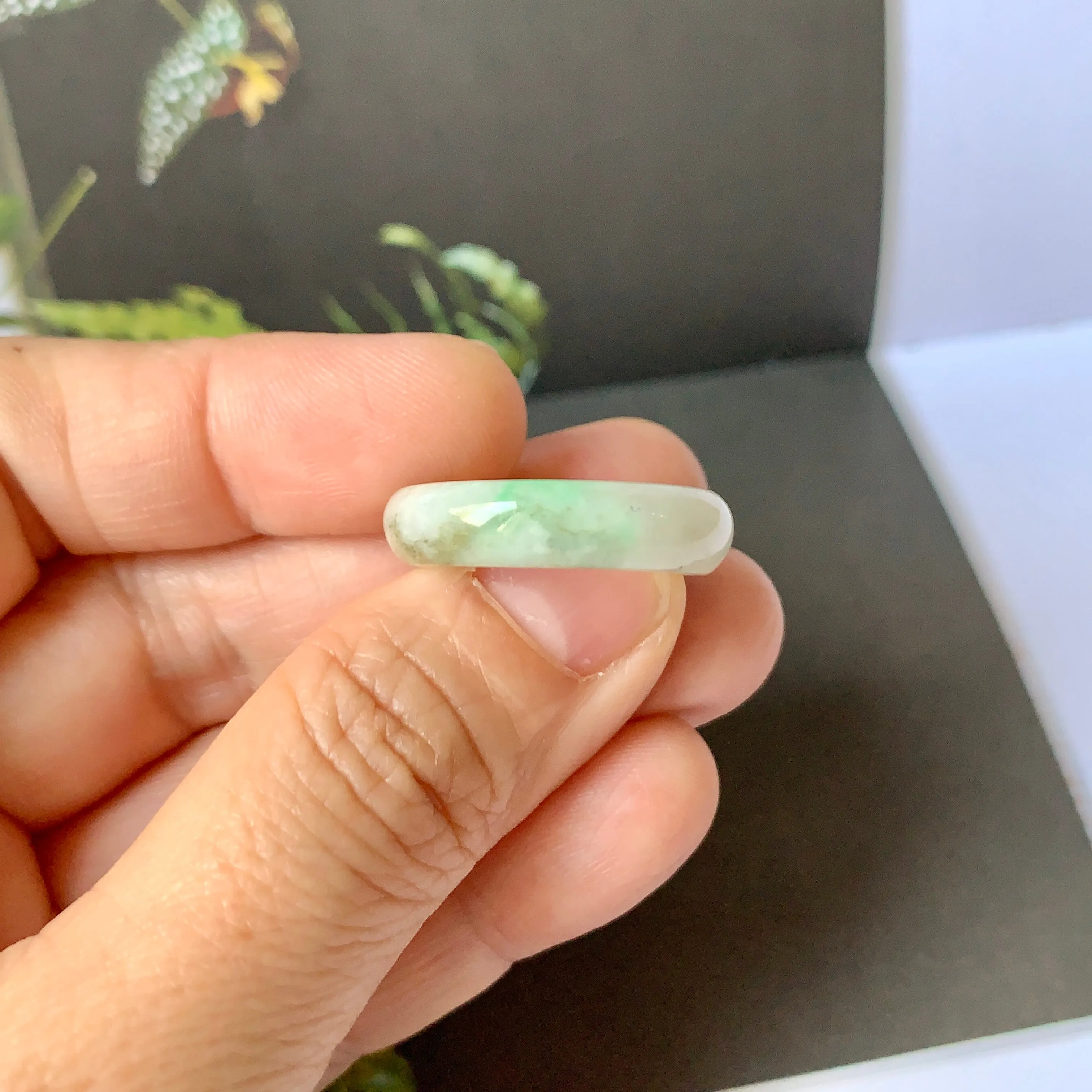 17.3mm A-Grade Natural White Green Jadeite Abacus Ring Band No. 161480