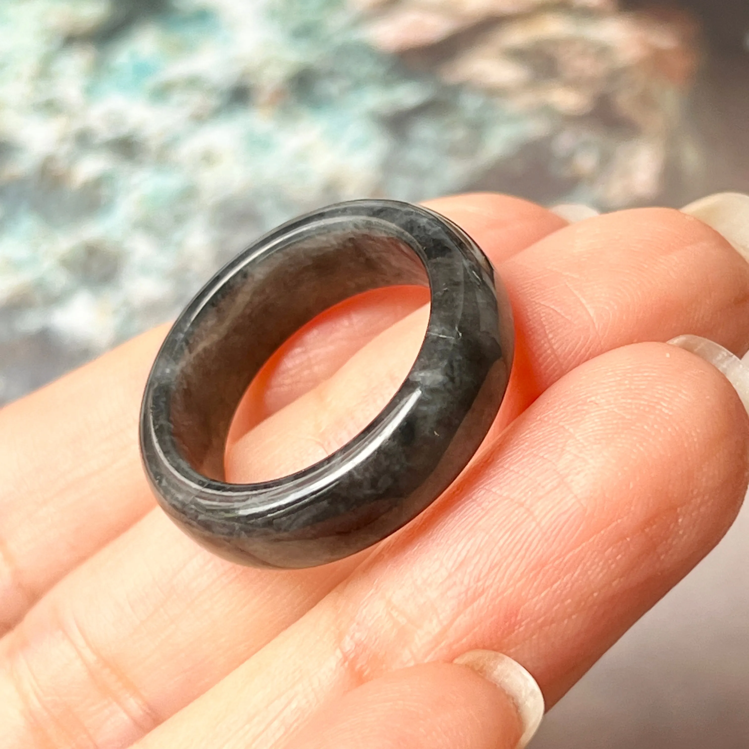 18.1mm A-Grade Natural Black Jadeite Ring Band No.162374