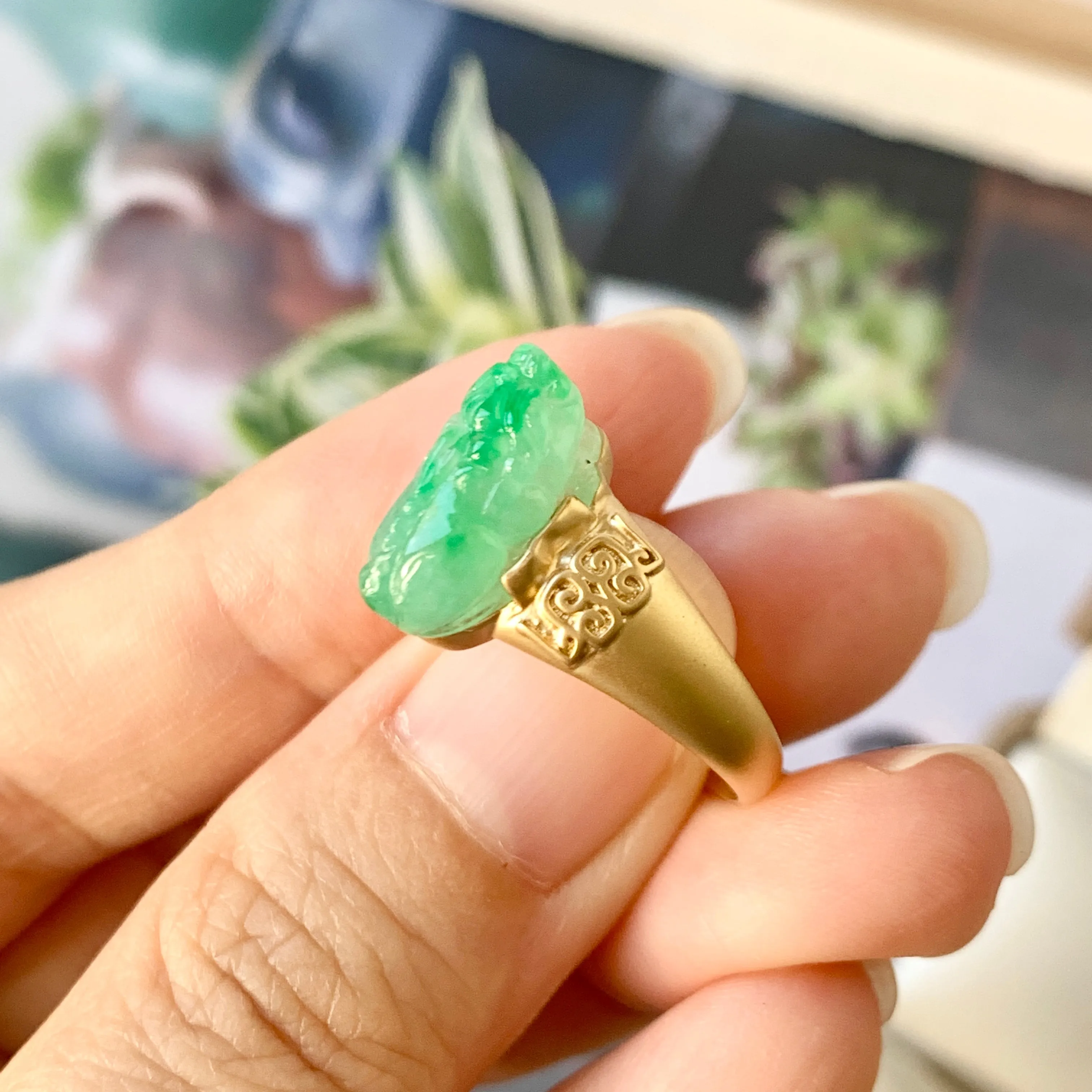 18.5mm A-Grade Natural Moss on Snow Jadeite Pixiu Ring No.162306