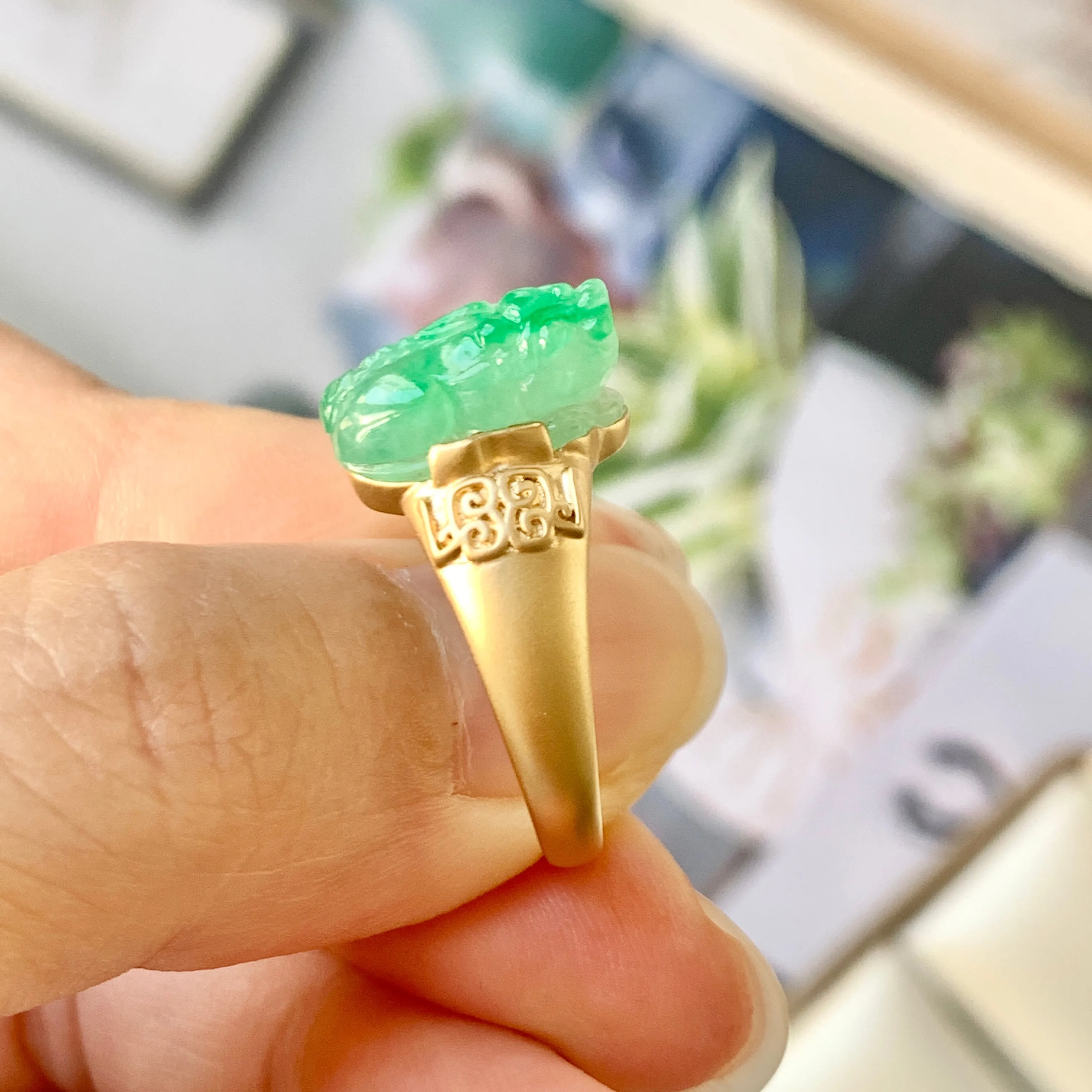 18.5mm A-Grade Natural Moss on Snow Jadeite Pixiu Ring No.162306