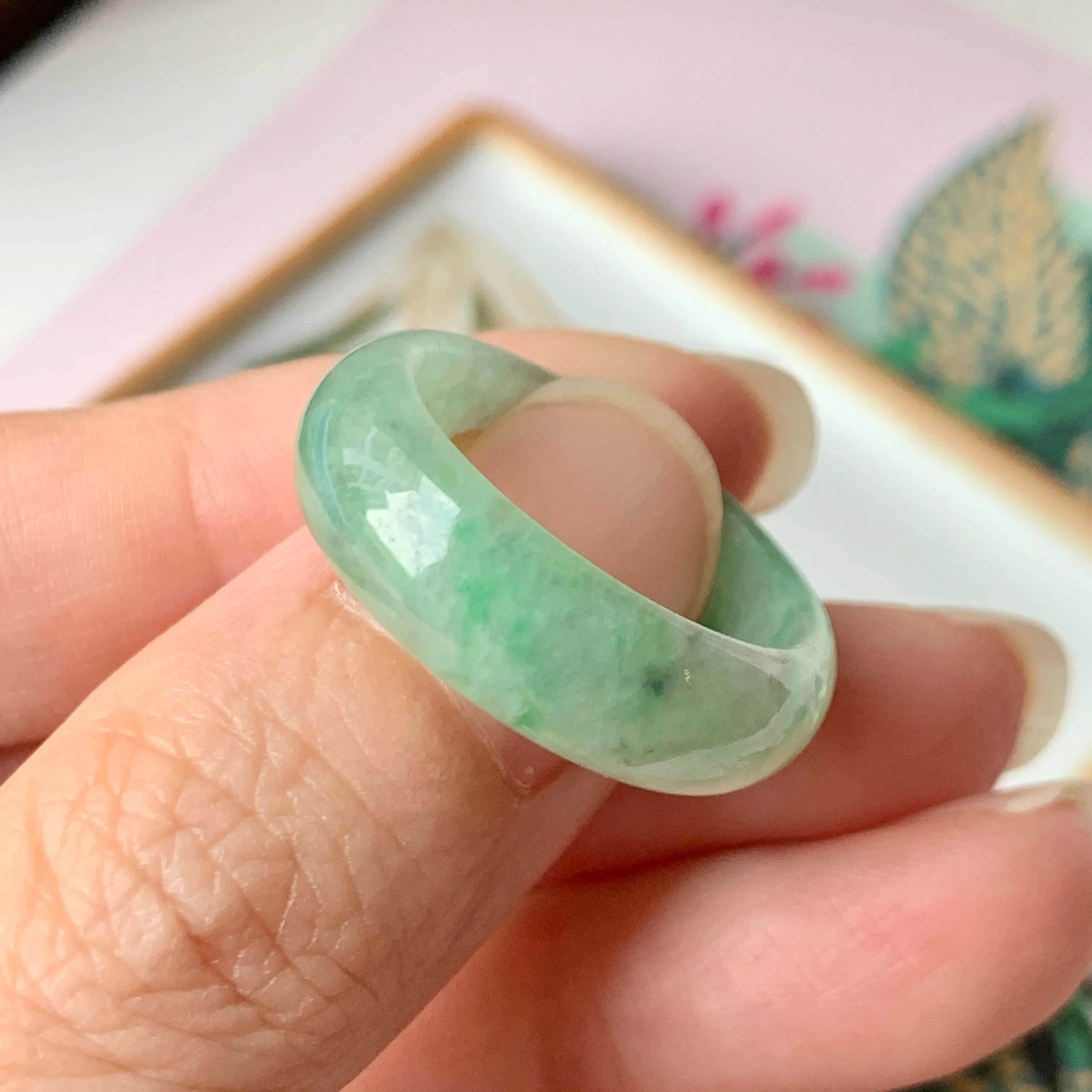 18.8mm A-Grade Natural Floral Imperial Green Jadeite Ring Band No.162149