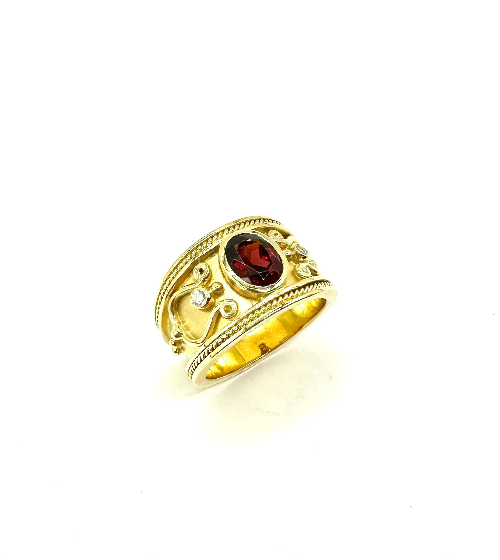 18K Gold Oval Garnet & Diamond Accent Band