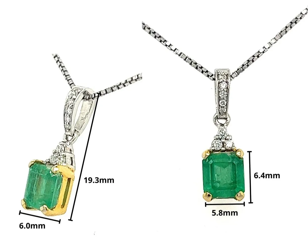 18k Solid Gold Natural Colombian Emerald and 3 Round Diamonds On Top Pendant Necklace