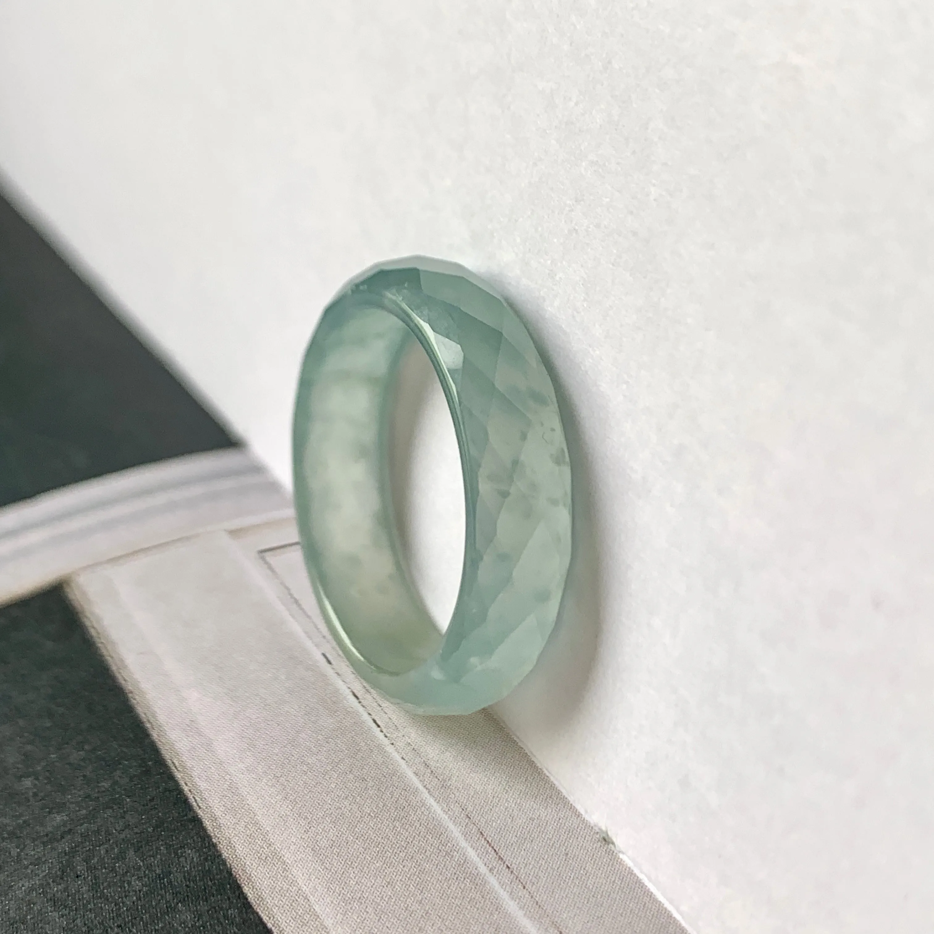 18mm A-Grade Natural Bluish Green Yellow Jadeite Faceted Abacus Ring Band No.162004