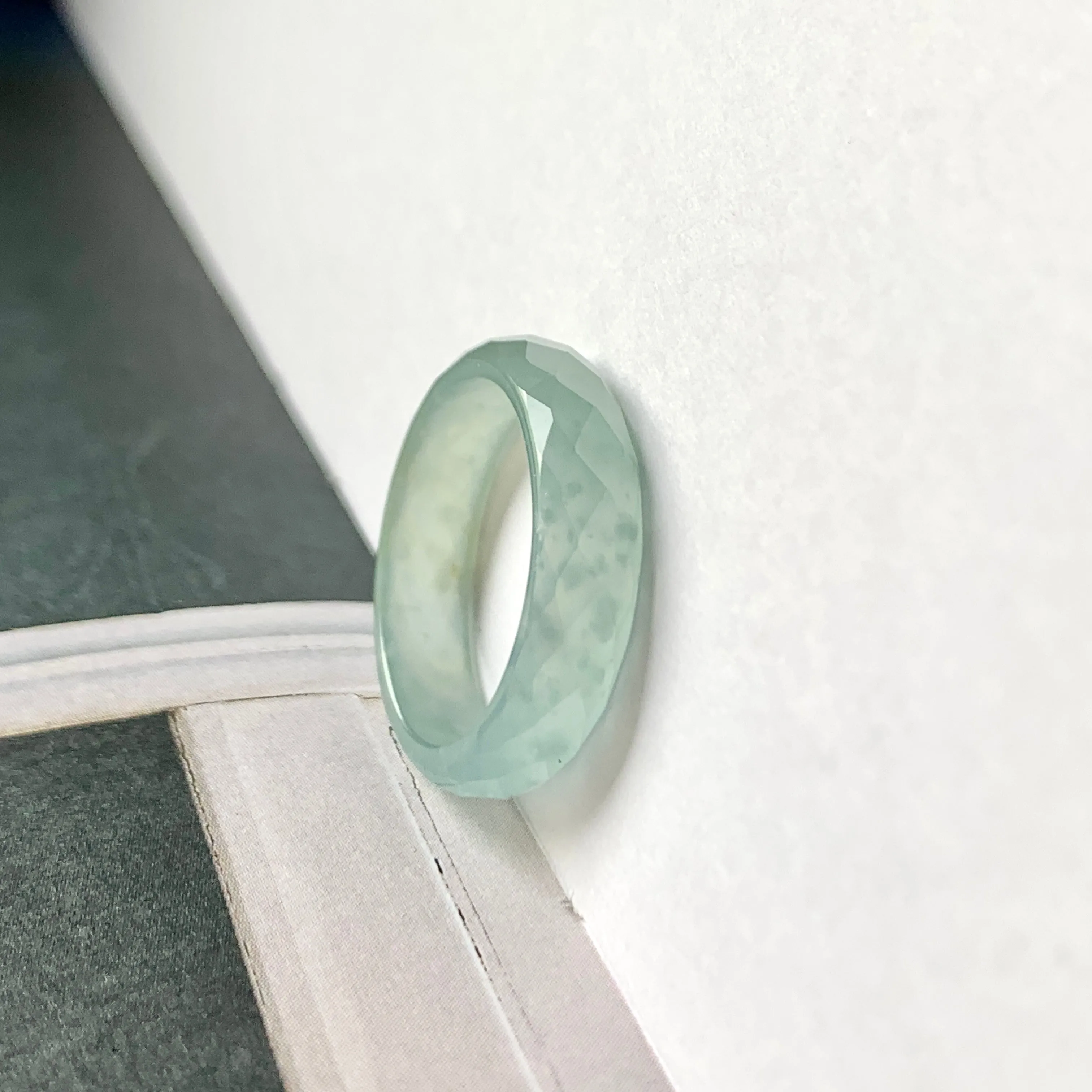 18mm A-Grade Natural Bluish Green Yellow Jadeite Faceted Abacus Ring Band No.162004