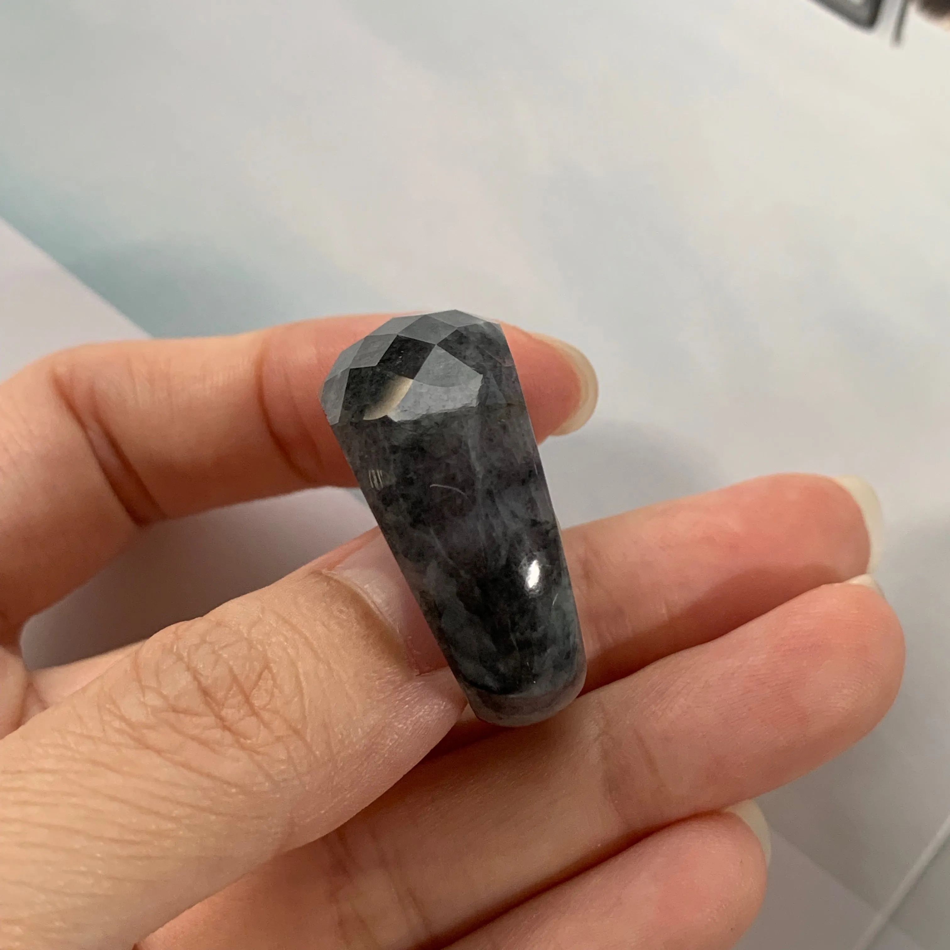 19.1mm A-Grade Natural Black Jadeite Faceted Ring No.220403