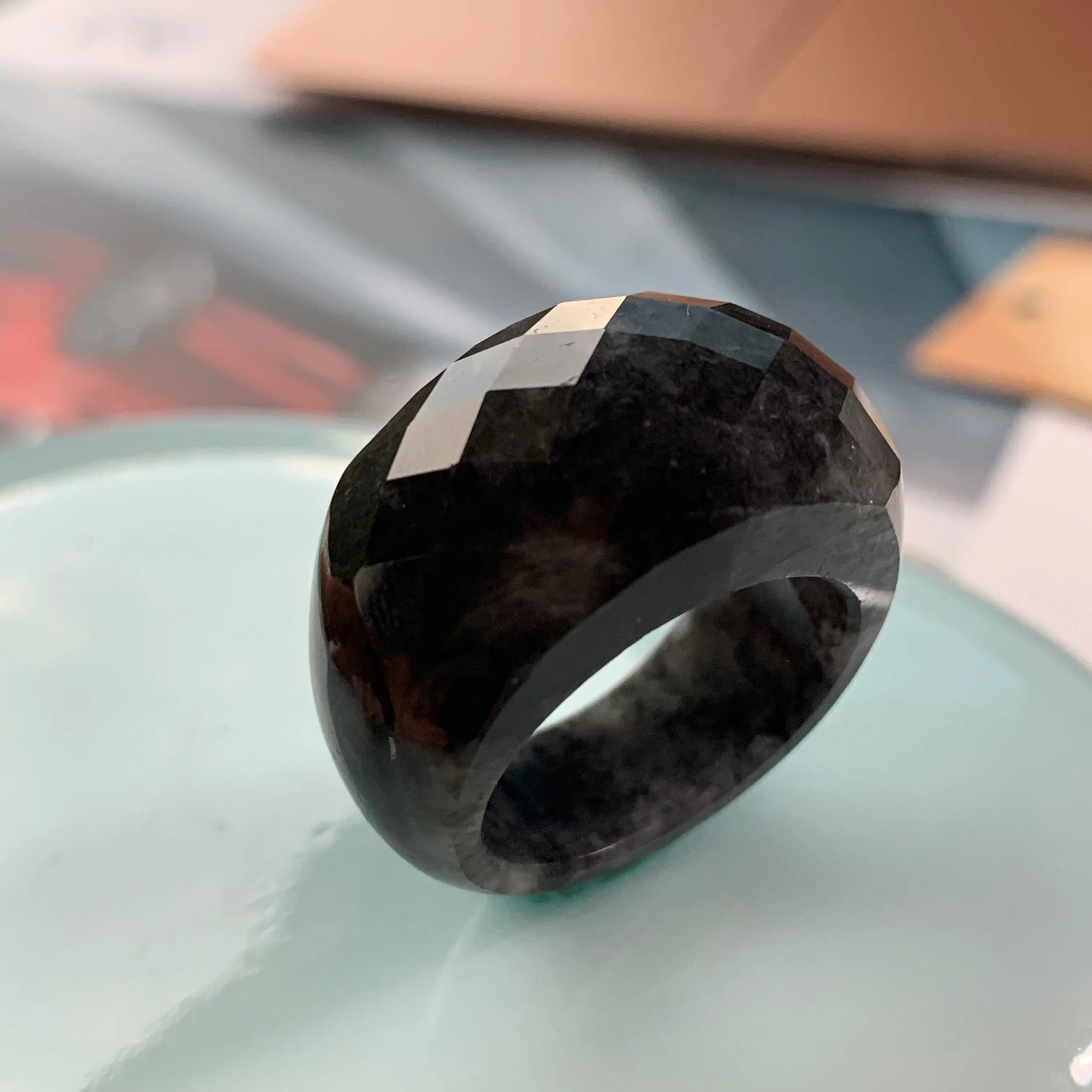 19.1mm A-Grade Natural Black Jadeite Faceted Ring No.220403