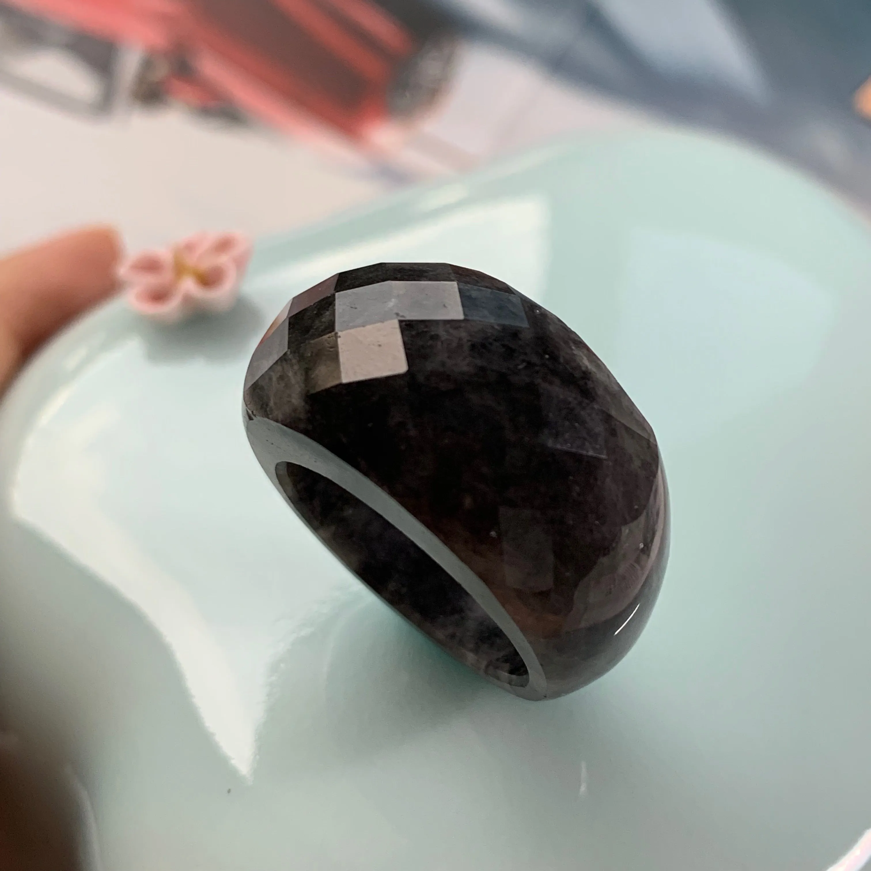 19.1mm A-Grade Natural Black Jadeite Faceted Ring No.220403