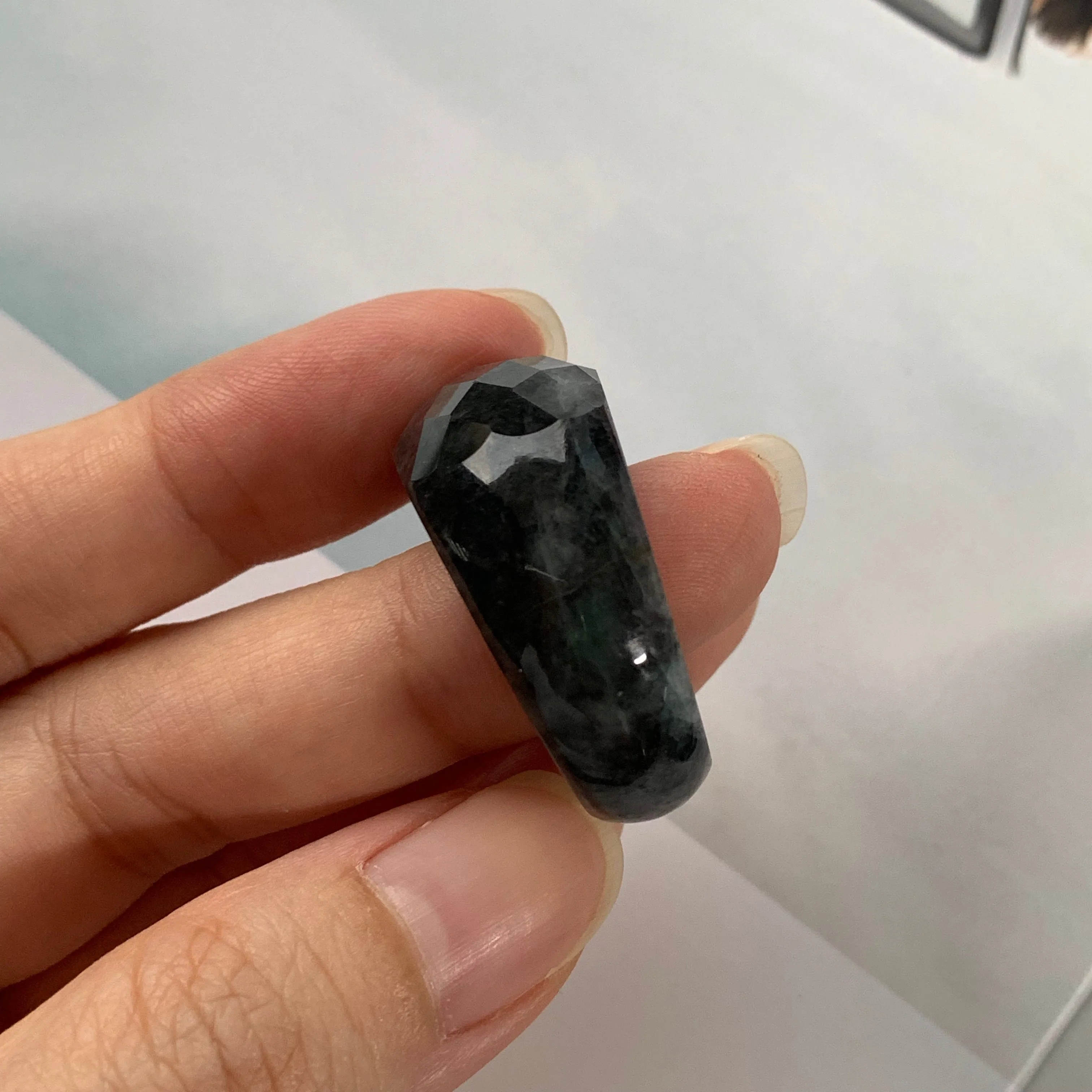 19.1mm A-Grade Natural Black Jadeite Faceted Ring No.220403