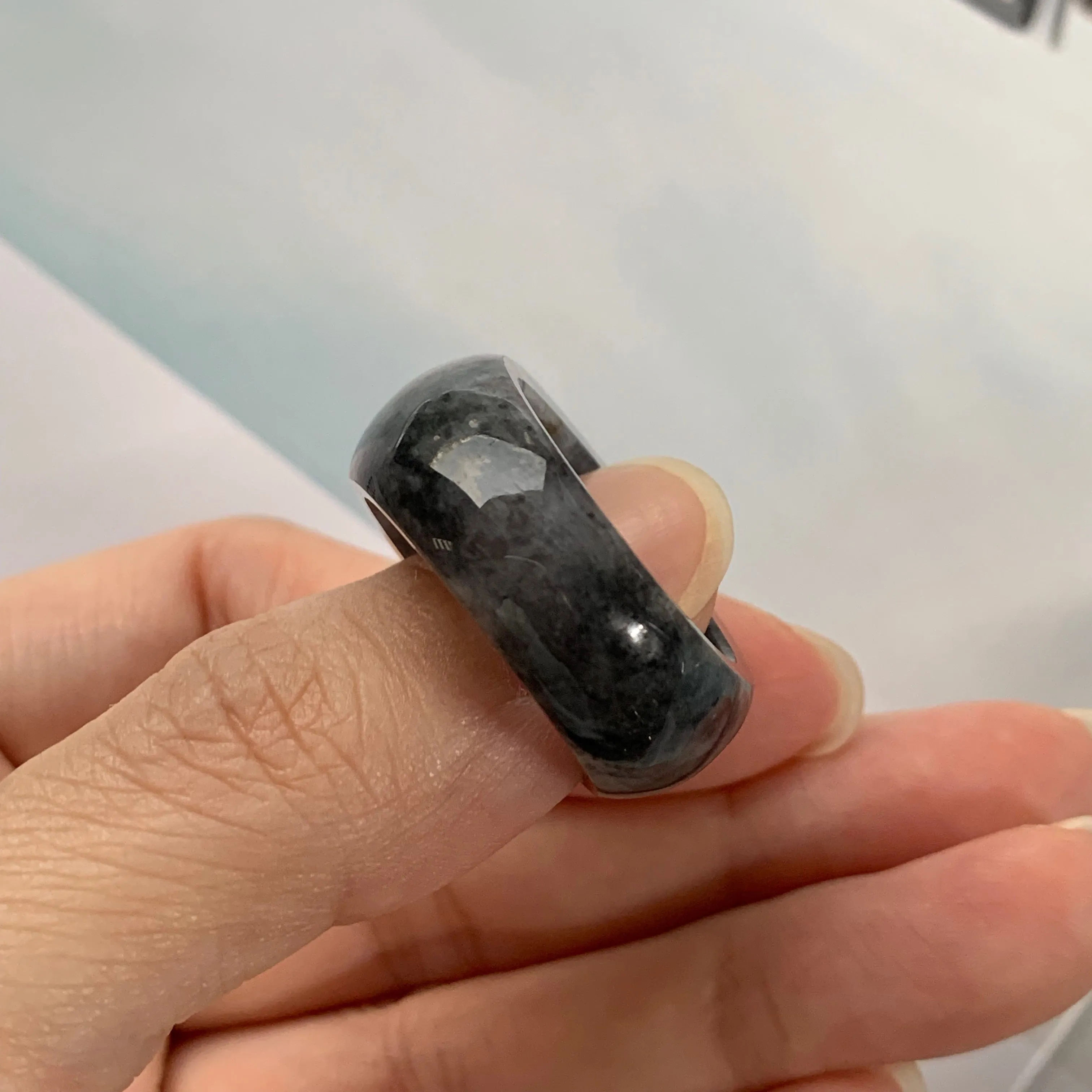 19.1mm A-Grade Natural Black Jadeite Faceted Ring No.220403