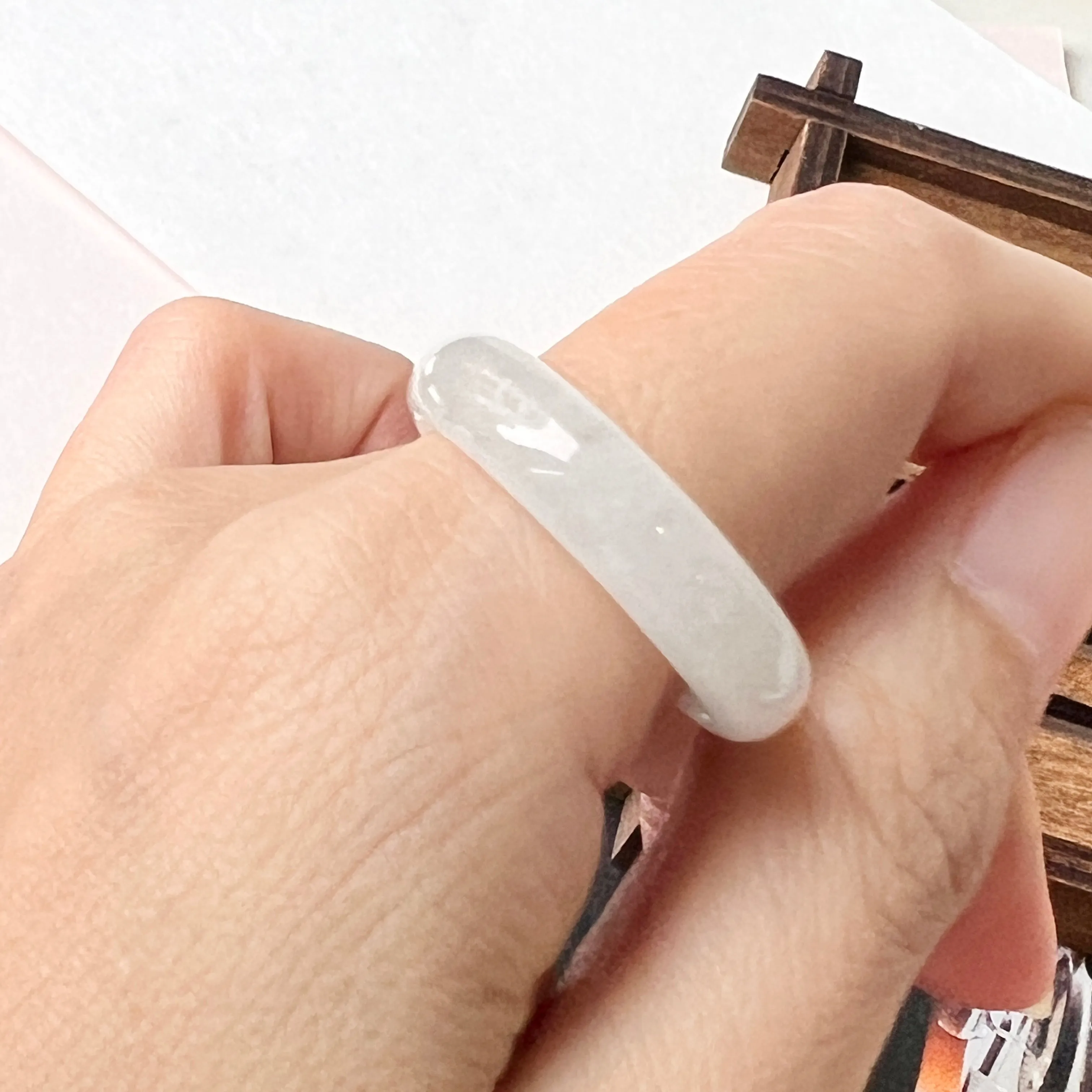 20.9mm Icy A-Grade Natural White Jadeite Abacus Ring Band No.220689