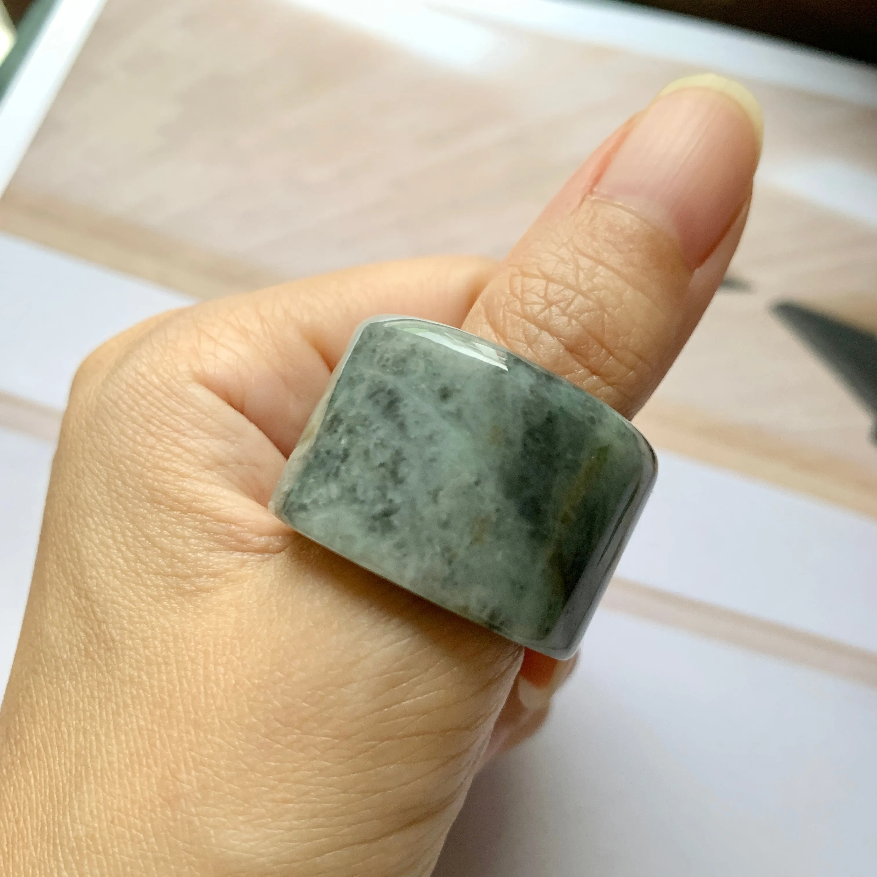 21.2mm A-Grade Natural Greyish Green Jadeite Archer Ring Band No.161397