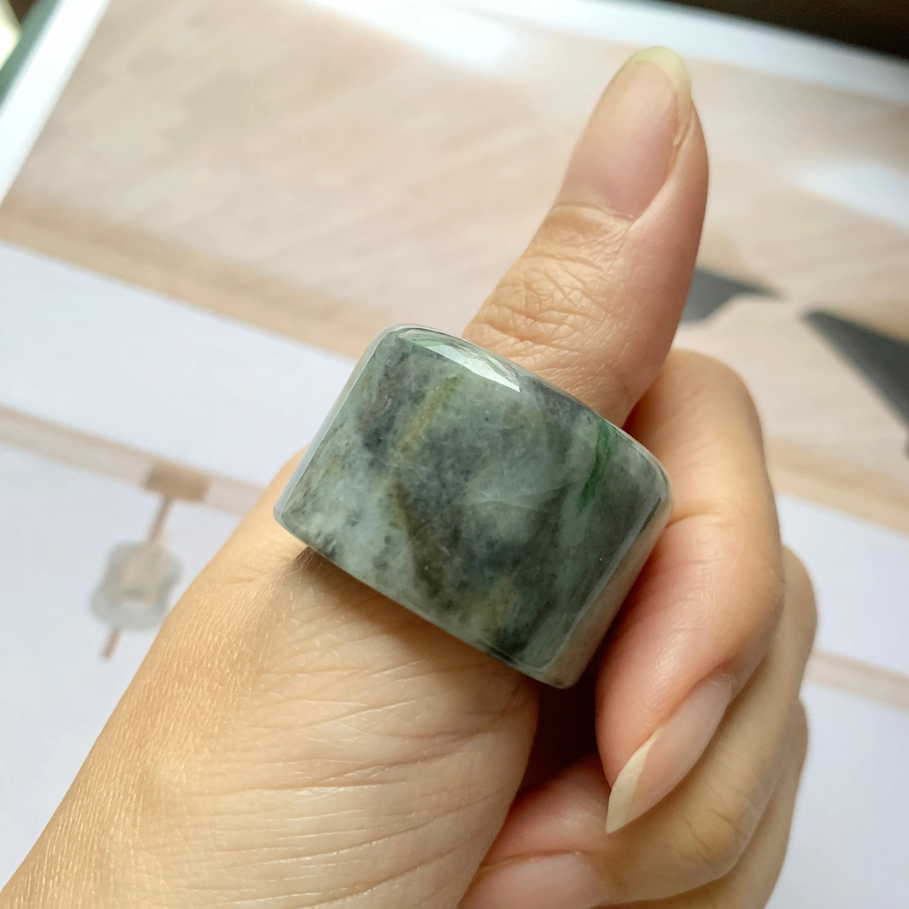 21.2mm A-Grade Natural Greyish Green Jadeite Archer Ring Band No.161397