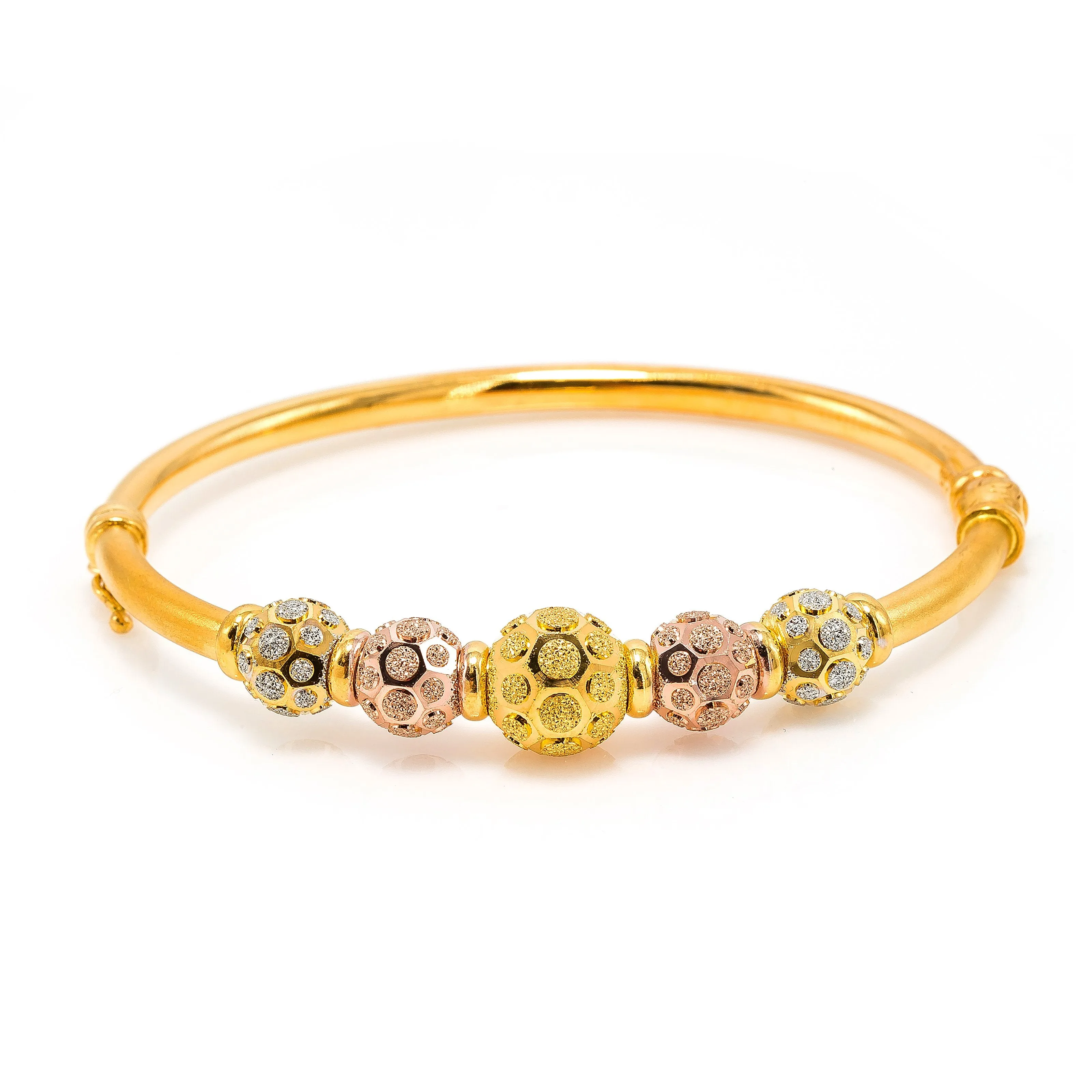 22K Multi Tone Gold Bangle W/ Rose, Yellow & White Gold Circular Glass Blast Details on 5 Accent Balls