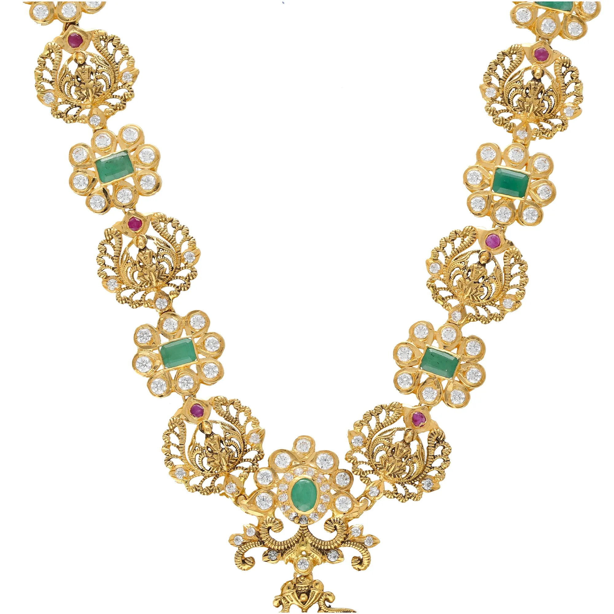 22K Yellow Gold, Gemstone & Pearl Temple Necklace Set (82.9gm)