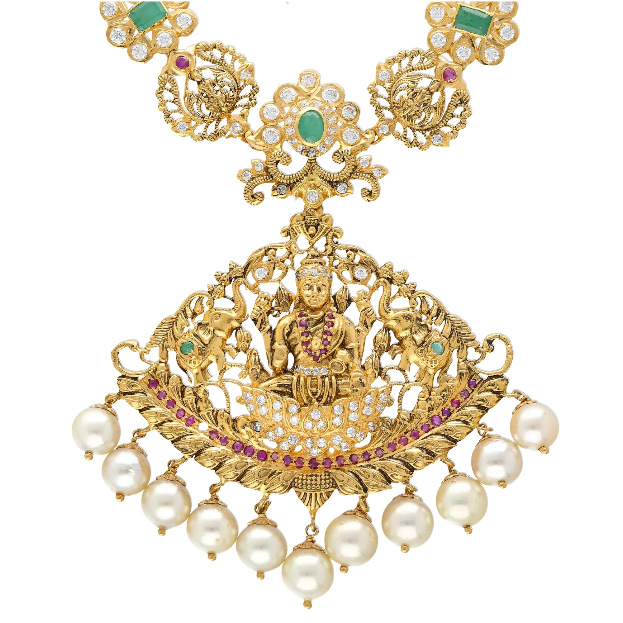 22K Yellow Gold, Gemstone & Pearl Temple Necklace Set (82.9gm)