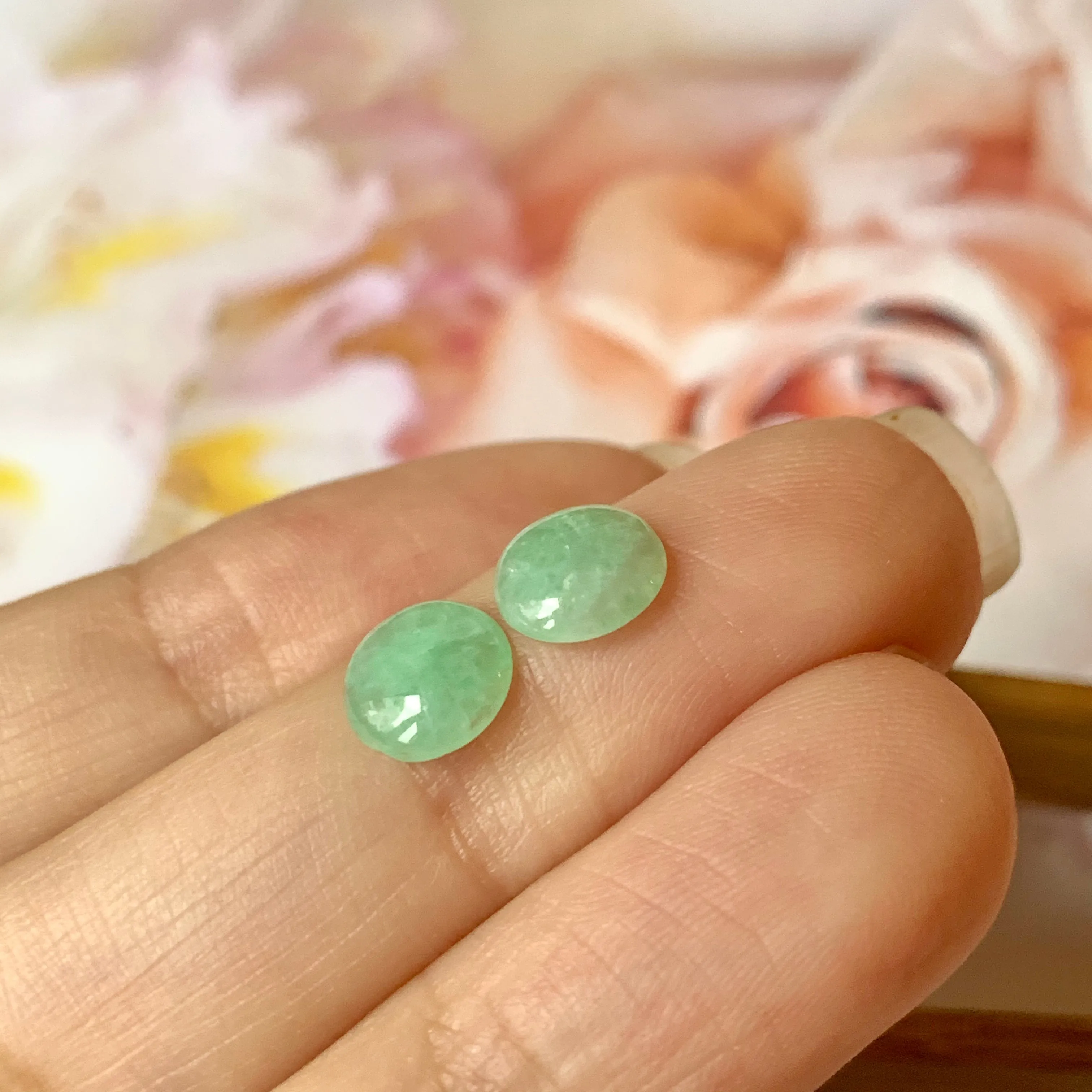 2ct A-Grade Natural Green Jadeite Cabochon Earring Pair No.180282