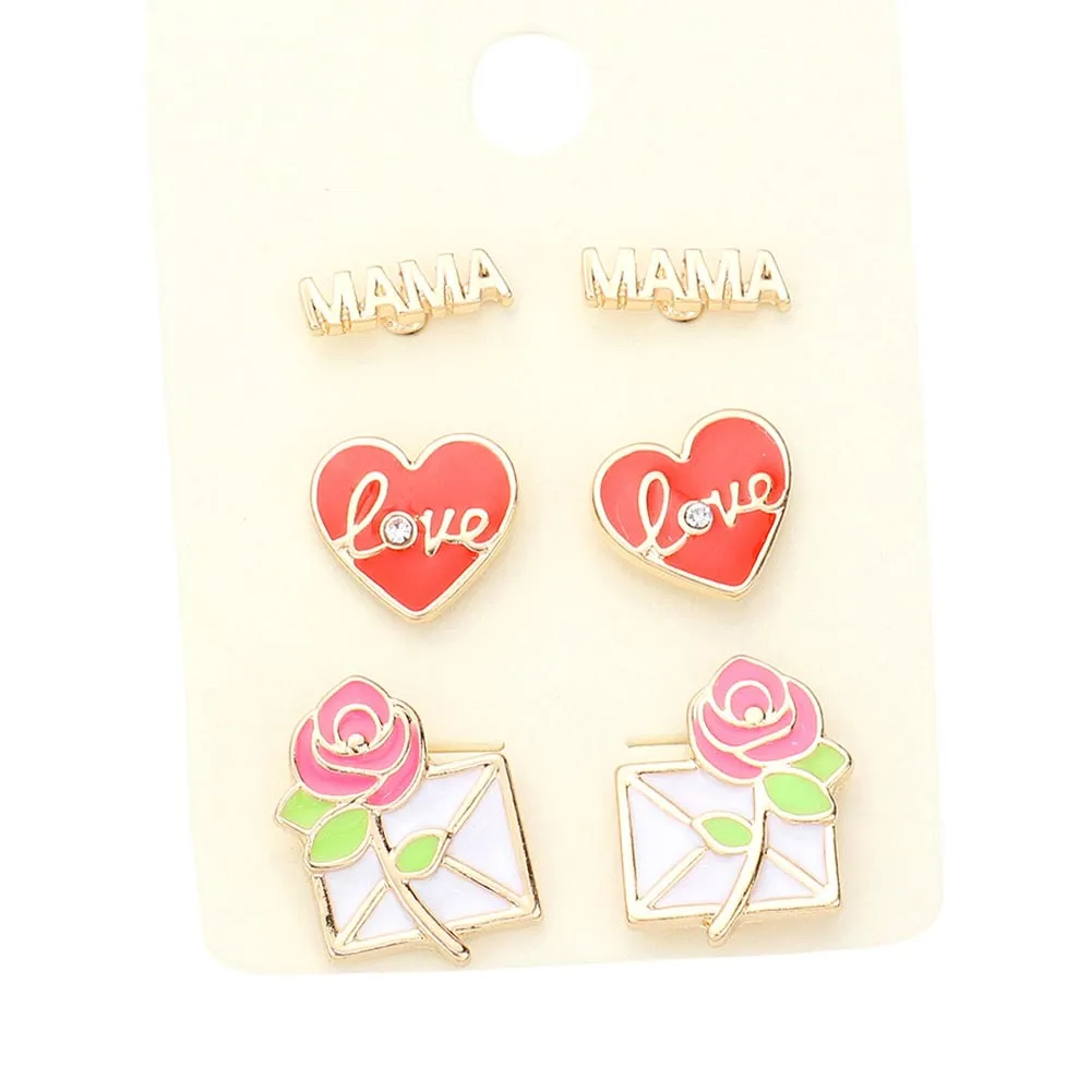 3Pairs Metal Mama Enamel love Heart Flower Stud Earrings