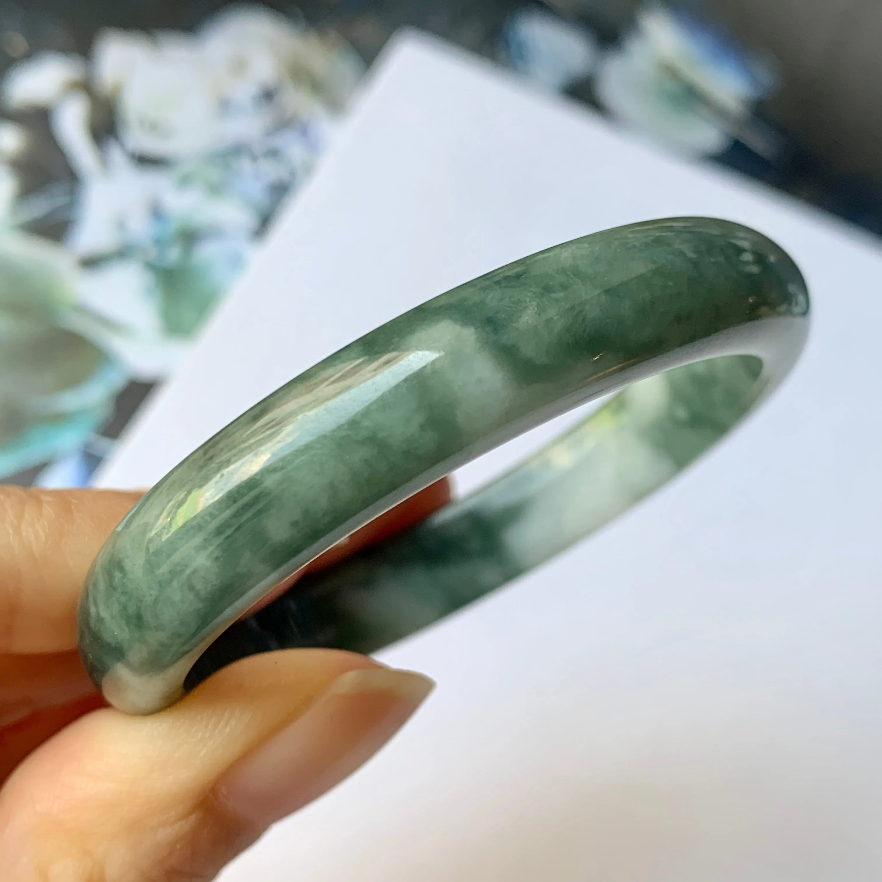 48.7mm A-Grade Natural Floral Bluish Green Jadeite Modern Oval Bangle No.151934