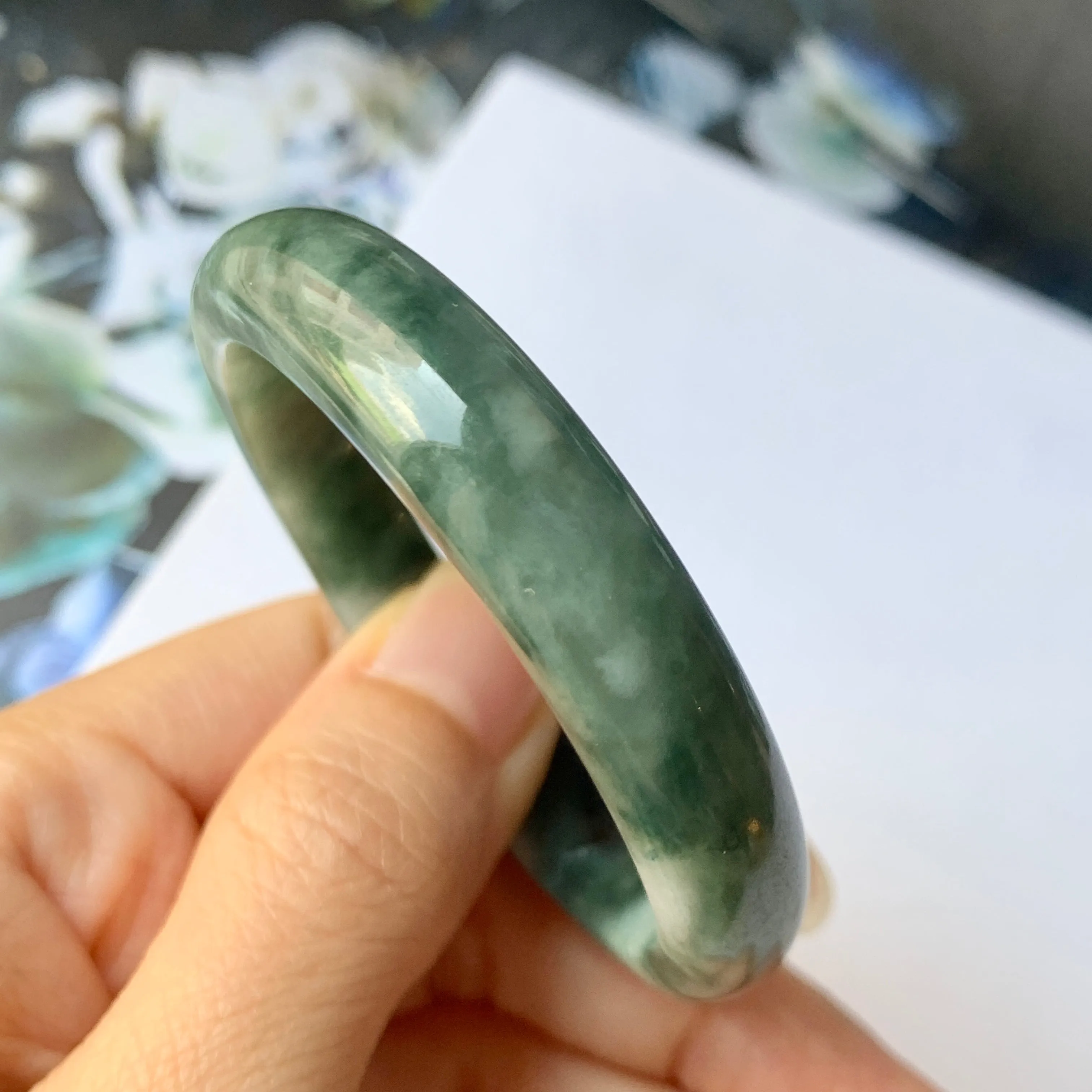 48.7mm A-Grade Natural Floral Bluish Green Jadeite Modern Oval Bangle No.151934