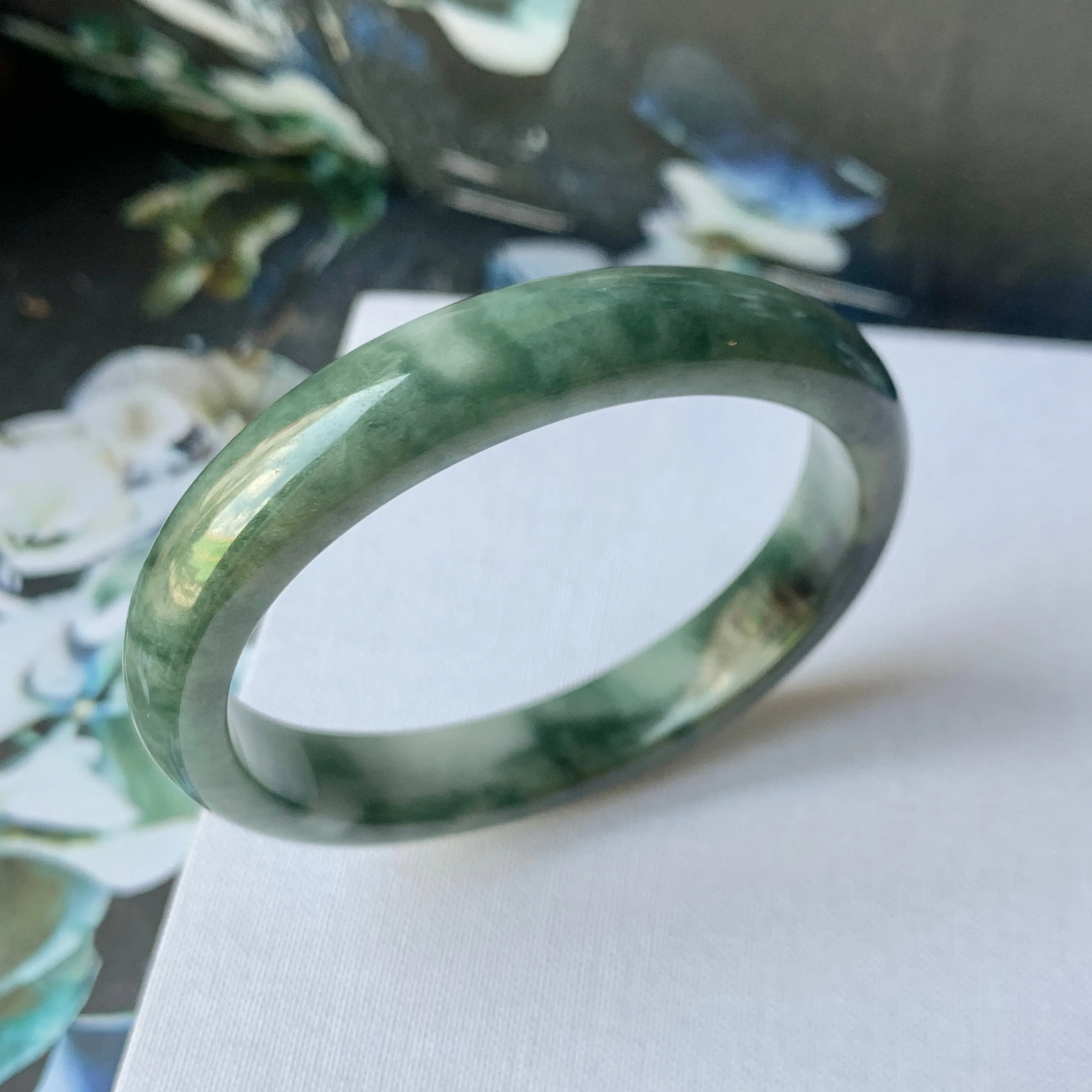 48.7mm A-Grade Natural Floral Bluish Green Jadeite Modern Oval Bangle No.151934