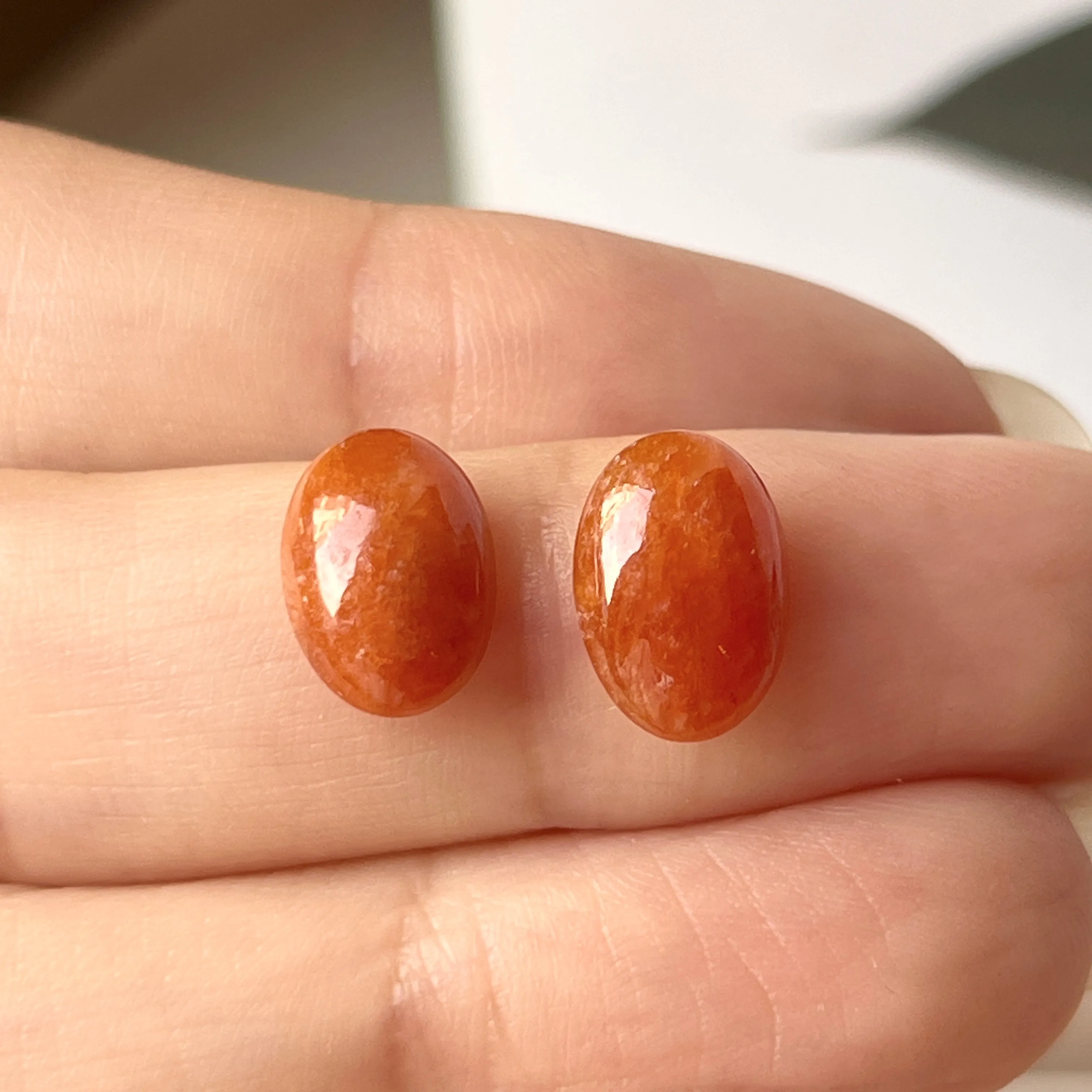 4.9 cts A-Grade Natural Orangey Red Jadeite Oval Cabochon Pair No.180185