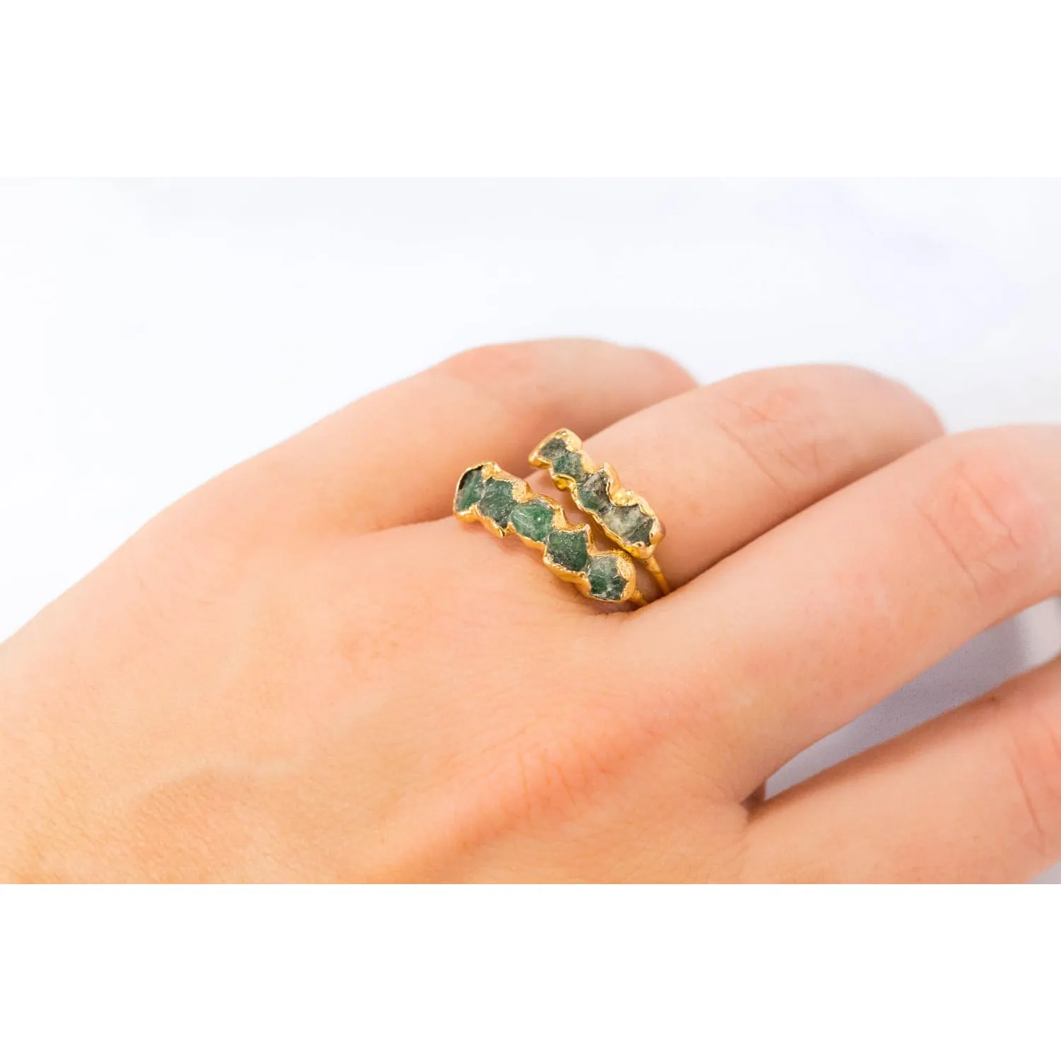 5 Stone Raw Emerald Ring in Yellow Gold