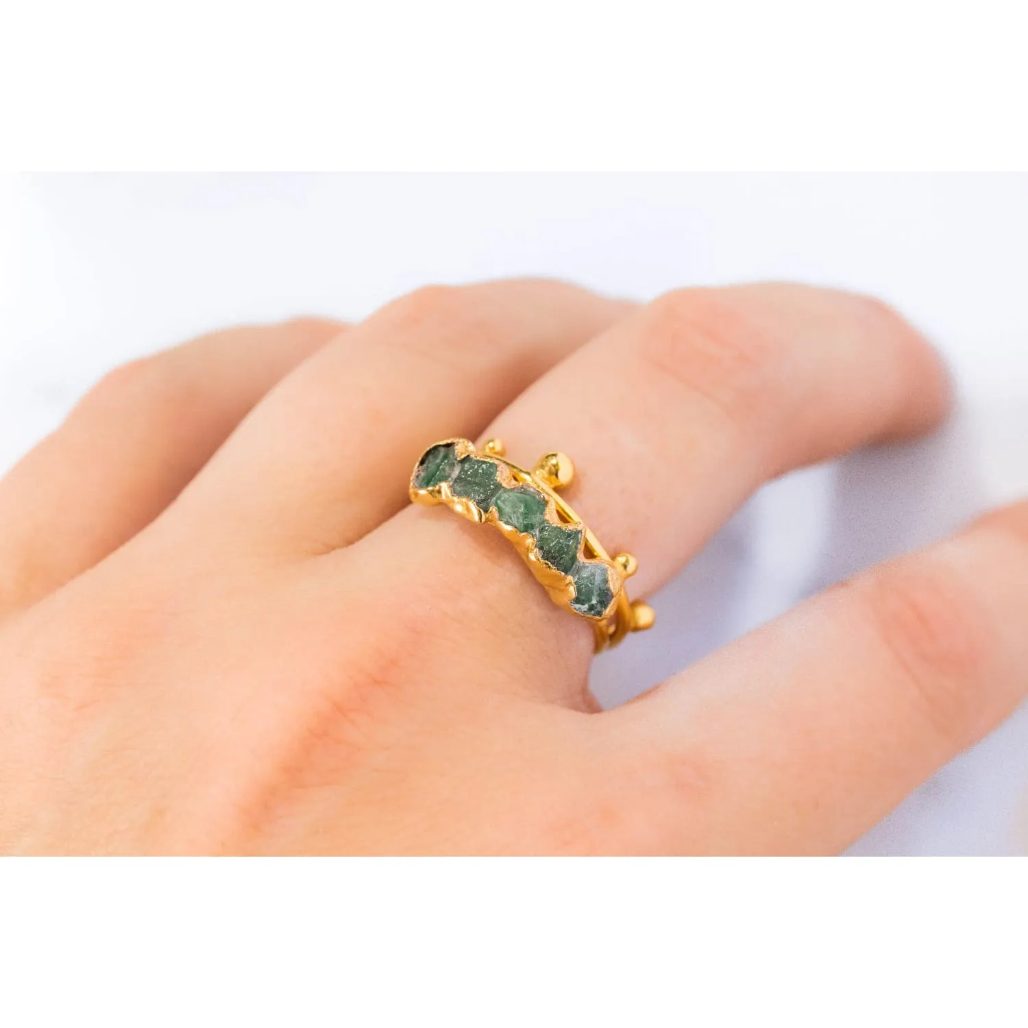 5 Stone Raw Emerald Ring in Yellow Gold