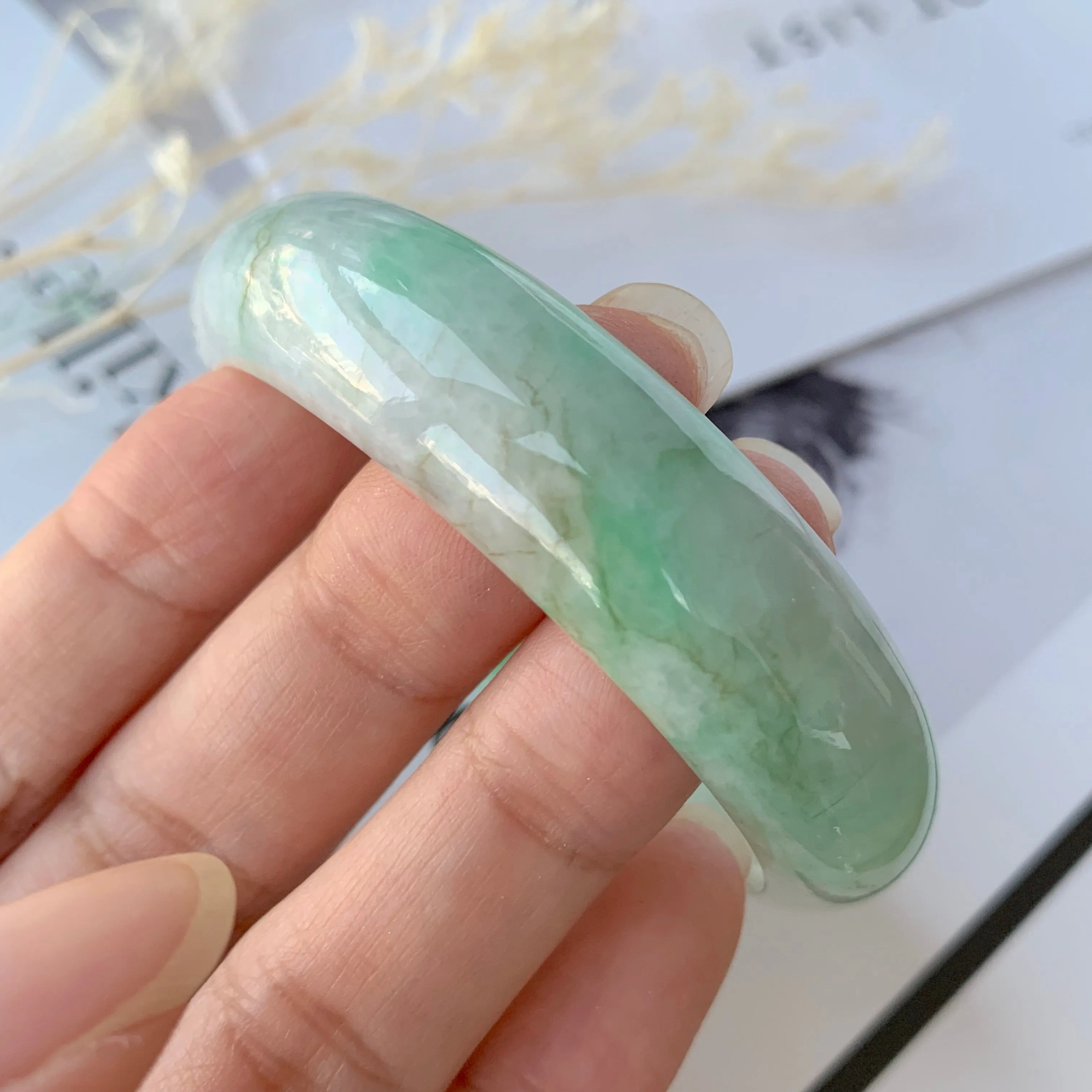 51.2mm A-Grade Natural Moss On Snow Jadeite Modern Round Bangle No.151655