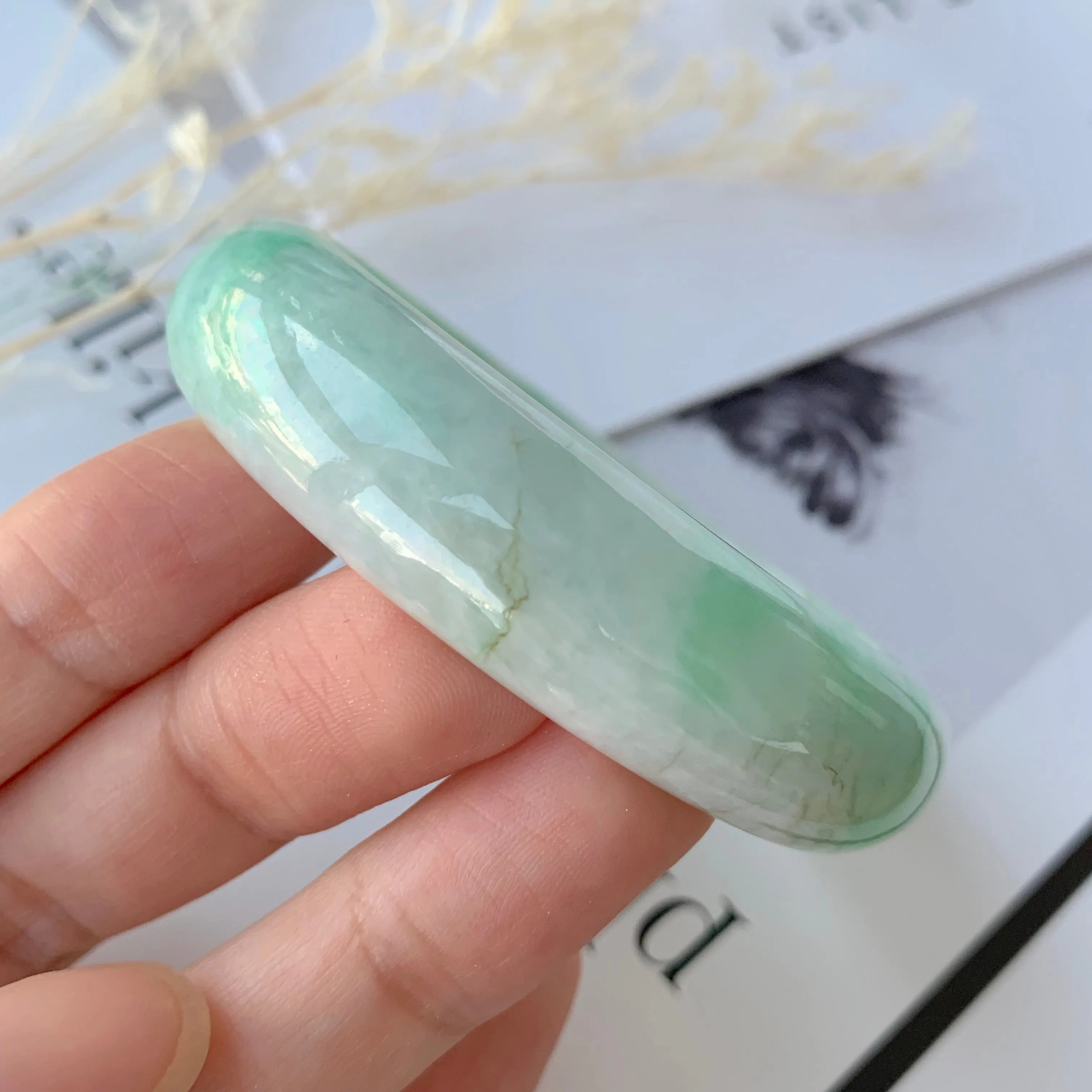 51.2mm A-Grade Natural Moss On Snow Jadeite Modern Round Bangle No.151655