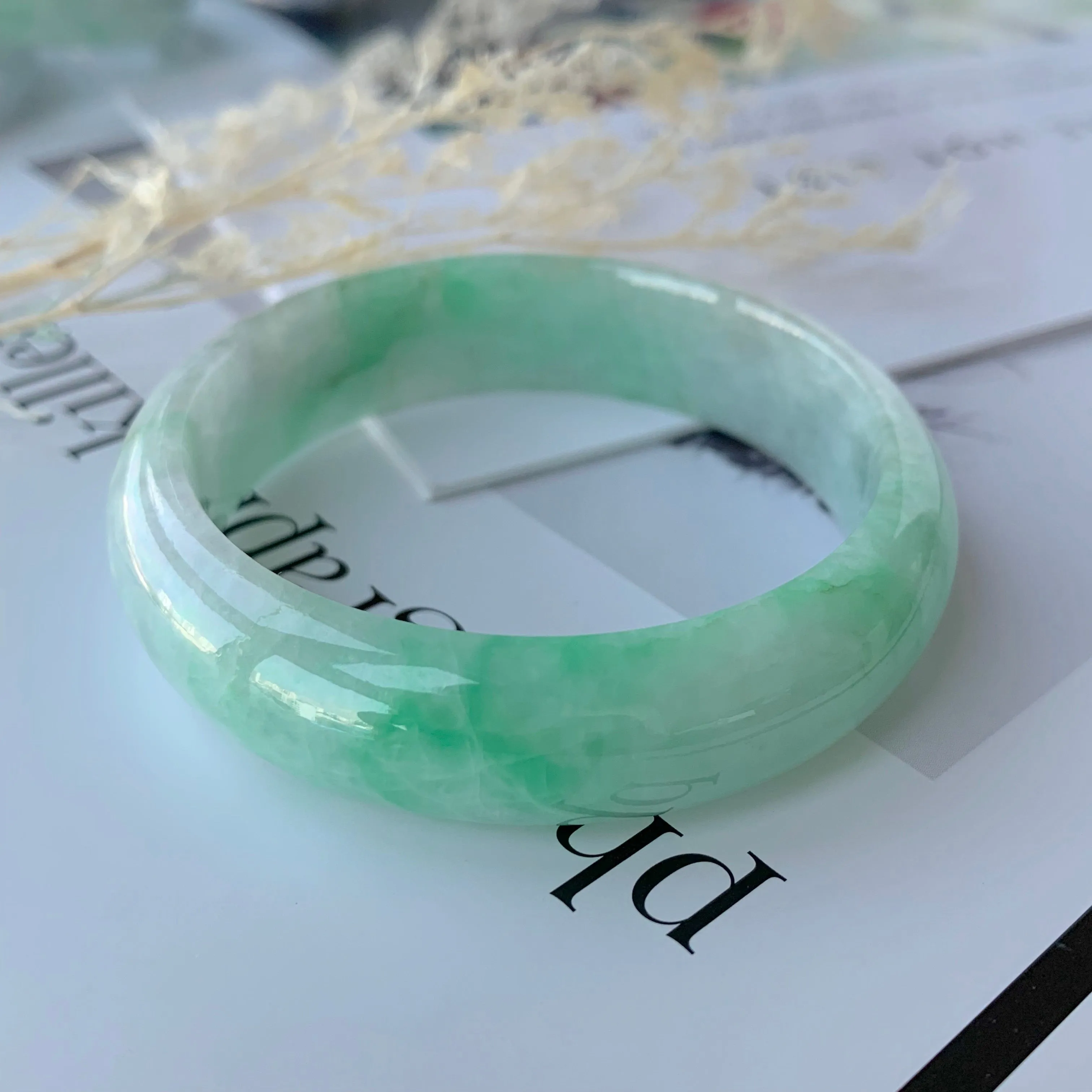 51.2mm A-Grade Natural Moss On Snow Jadeite Modern Round Bangle No.151655