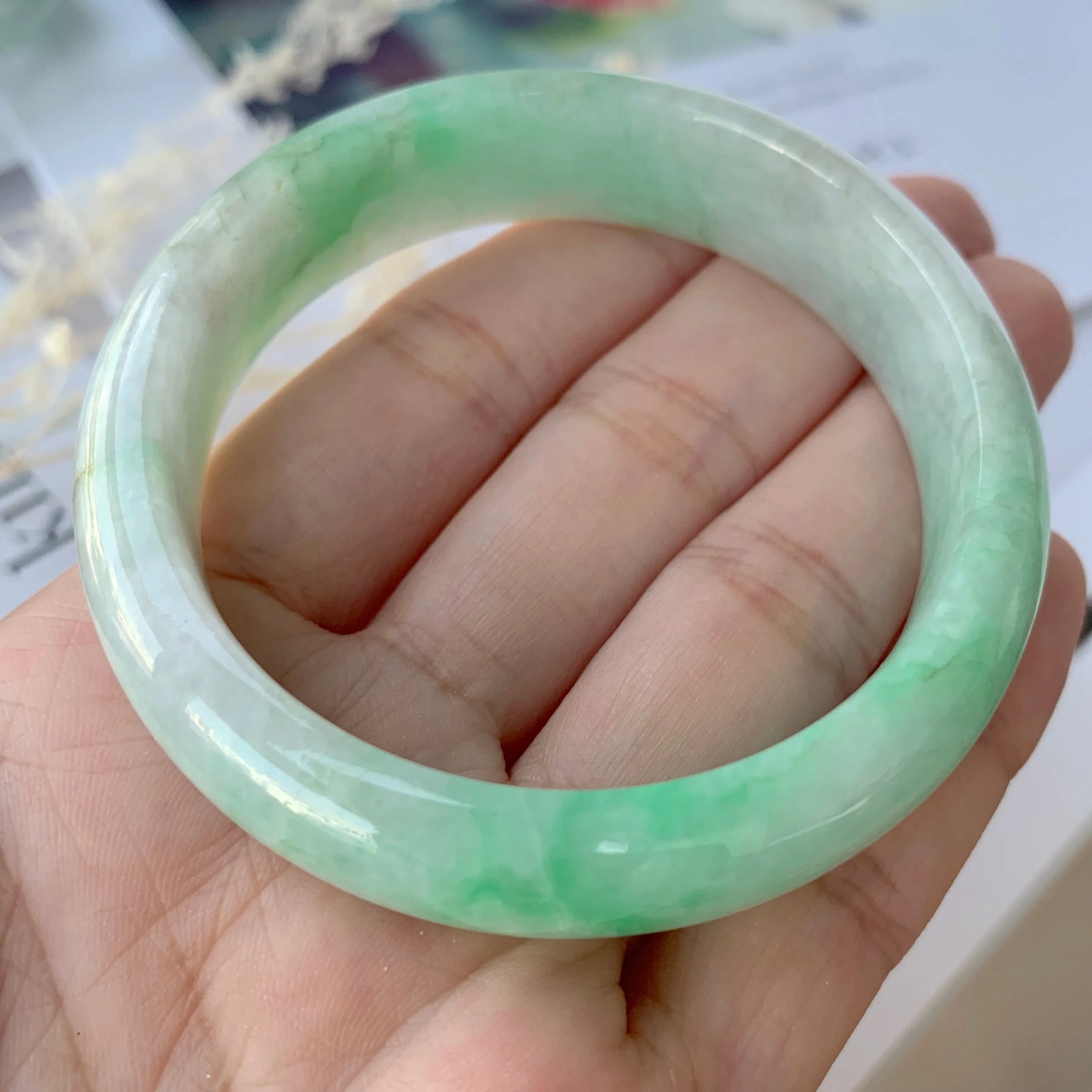 51.2mm A-Grade Natural Moss On Snow Jadeite Modern Round Bangle No.151655