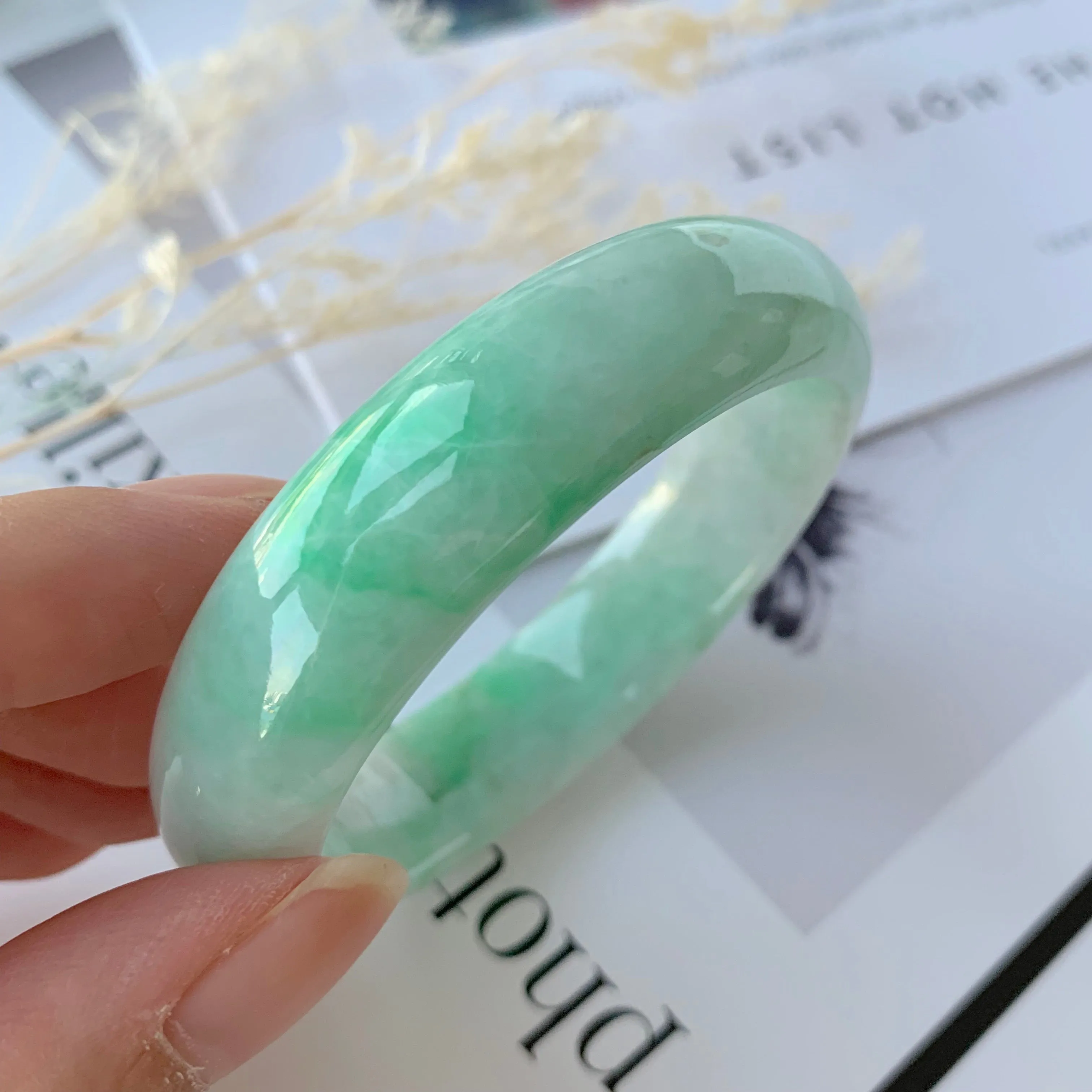 51.2mm A-Grade Natural Moss On Snow Jadeite Modern Round Bangle No.151655