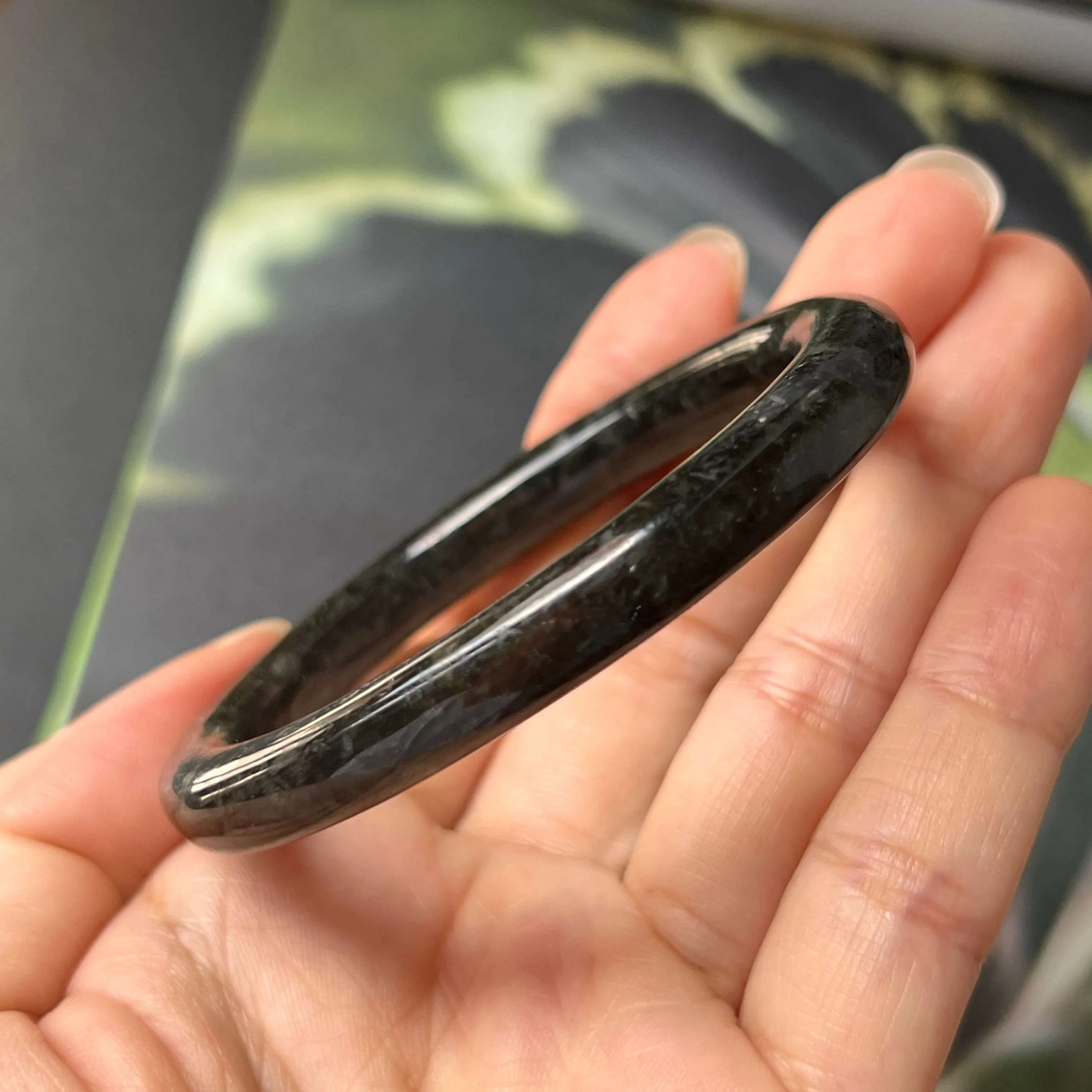 51.5mm A-Grade Natural Black Jadeite Traditional Oval Bangle No. 152021