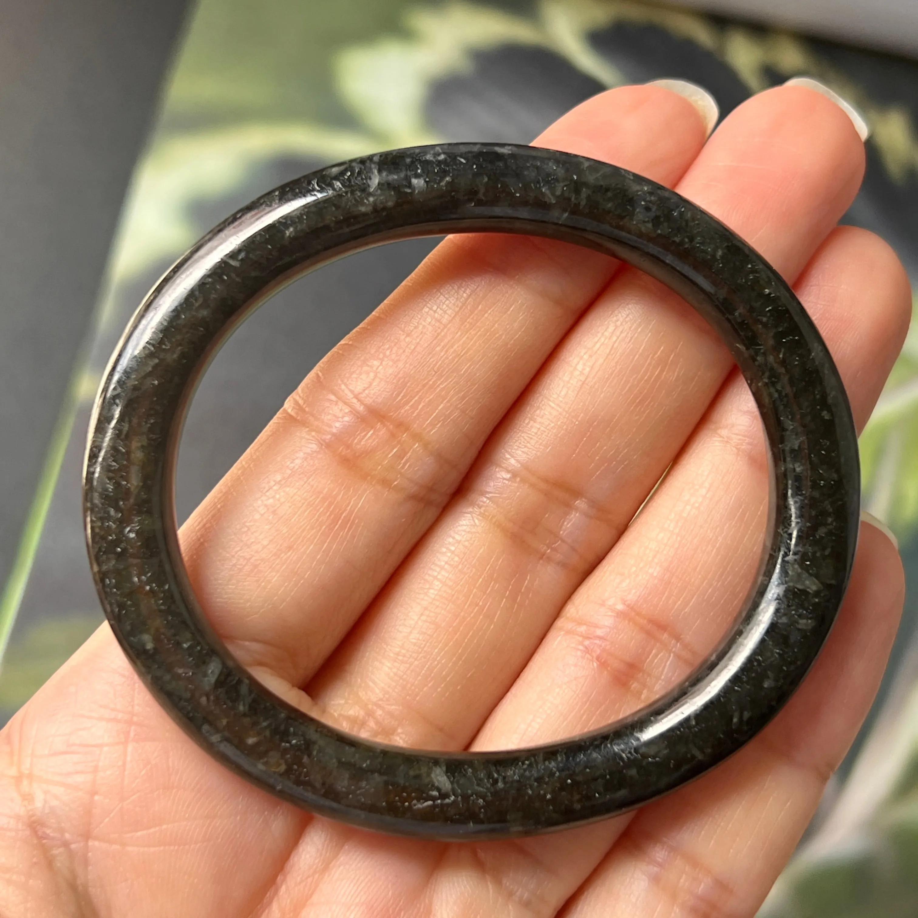 51.5mm A-Grade Natural Black Jadeite Traditional Oval Bangle No. 152021