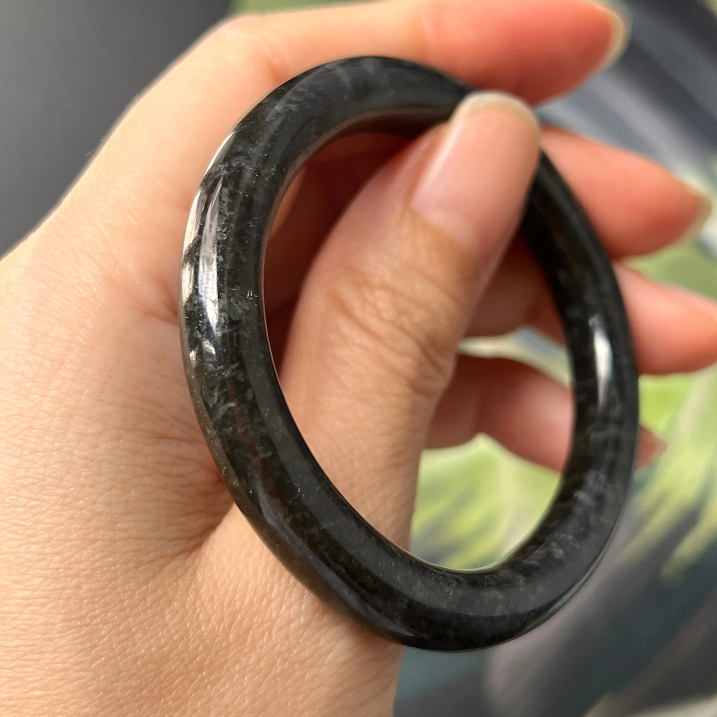 51.5mm A-Grade Natural Black Jadeite Traditional Oval Bangle No. 152021